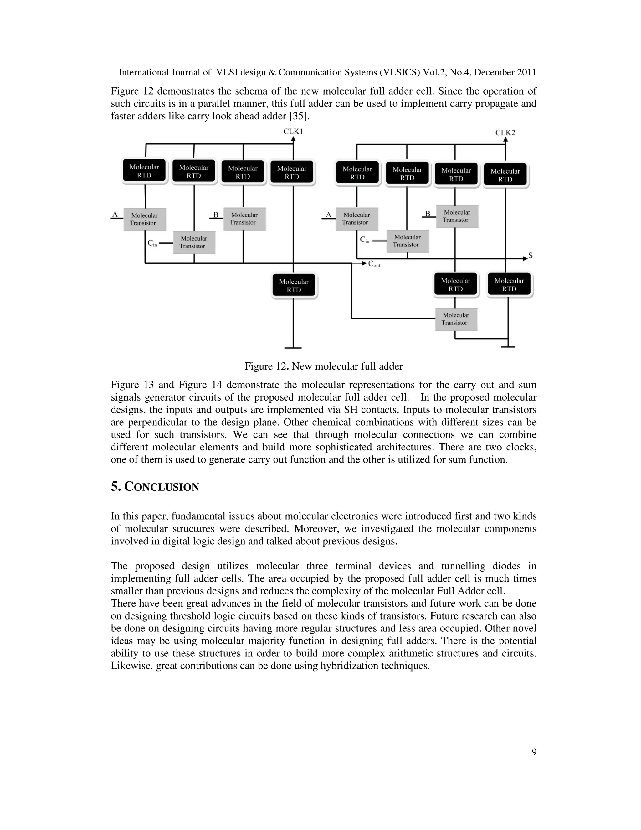 International Journal of VLSI design & Communication Systems (VLSICS) Vol.2, No.4, December 2011
9
Figure 12 demonstrates the schema of the new molecular full adder cell. Since the operation of
such circuits is in a parallel manner, this full adder can be used to implement carry propagate and
faster adders like carry look ahead adder [35].
Figure 12. New molecular full adder
Figure 13 and Figure 14 demonstrate the molecular representations for the carry out and sum
signals generator circuits of the proposed molecular full adder cell. In the proposed molecular
designs, the inputs and outputs are implemented via SH contacts. Inputs to molecular transistors
are perpendicular to the design plane. Other chemical combinations with different sizes can be
used for such transistors. We can see that through molecular connections we can combine
different molecular elements and build more sophisticated architectures. There are two clocks,
one of them is used to generate carry out function and the other is utilized for sum function.
5. CONCLUSION
In this paper, fundamental issues about molecular electronics were introduced first and two kinds
of molecular structures were described. Moreover, we investigated the molecular components
involved in digital logic design and talked about previous designs.
The proposed design utilizes molecular three terminal devices and tunnelling diodes in
implementing full adder cells. The area occupied by the proposed full adder cell is much times
smaller than previous designs and reduces the complexity of the molecular Full Adder cell.
There have been great advances in the field of molecular transistors and future work can be done
on designing threshold logic circuits based on these kinds of transistors. Future research can also
be done on designing circuits having more regular structures and less area occupied. Other novel
ideas may be using molecular majority function in designing full adders. There is the potential
ability to use these structures in order to build more complex arithmetic structures and circuits.
Likewise, great contributions can be done using hybridization techniques.
 