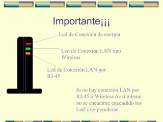 Importante¡¡¡ Si no hay conexión LAN por RJ-45 ó Wireless ó así mismo  no se encuentre encendido los Led’s no prenderan. Led de Conexión LAN por RJ-45 Led de Conexión LAN tipo Wireless Led de Conexión de energía 