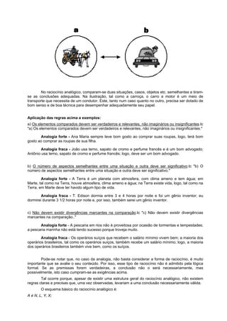 No raciocínio analógico, comparam-se duas situações, casos, objetos etc. semelhantes e tiramse as conclusões adequadas. Na ilustração, tal como a carroça, o carro a motor é um meio de
transporte que necessita de um condutor. Este, tanto num caso quanto no outro, precisa ser dotado de
bom senso e de boa técnica para desempenhar adequadamente seu papel.
Aplicação das regras acima a exemplos:
a) Os elementos comparados devem ser verdadeiros e relevantes, não imaginários ou insignificantes.tc
"a) Os elementos comparados devem ser verdadeiros e relevantes, não imaginários ou insignificantes."
Analogia forte - Ana Maria sempre teve bom gosto ao comprar suas roupas, logo, terá bom
gosto ao comprar as roupas de sua filha.
Analogia fraca - João usa terno, sapato de cromo e perfume francês e é um bom advogado;
Antônio usa terno, sapato de cromo e perfume francês; logo, deve ser um bom advogado.
b) O número de aspectos semelhantes entre uma situação e outra deve ser significativo.tc "b) O
número de aspectos semelhantes entre uma situação e outra deve ser significativo."
Analogia forte - A Terra é um planeta com atmosfera, com clima ameno e tem água; em
Marte, tal como na Terra, houve atmosfera, clima ameno e água; na Terra existe vida, logo, tal como na
Terra, em Marte deve ter havido algum tipo de vida.
Analogia fraca - T. Edison dormia entre 3 e 4 horas por noite e foi um gênio inventor; eu
dormirei durante 3 1/2 horas por noite e, por isso, também serei um gênio inventor.
c) Não devem existir divergências marcantes na comparação.tc "c) Não devem existir divergências
marcantes na comparação.."
Analogia forte - A pescaria em rios não é proveitosa por ocasião de tormentas e tempestades;
a pescaria marinha não está tendo sucesso porque troveja muito.
Analogia fraca - Os operários suíços que recebem o salário mínimo vivem bem; a maioria dos
operários brasileiros, tal como os operários suíços, também recebe um salário mínimo; logo, a maioria
dos operários brasileiros também vive bem, como os suíços.
Pode-se notar que, no caso da analogia, não basta considerar a forma de raciocínio, é muito
importante que se avalie o seu conteúdo. Por isso, esse tipo de raciocínio não é admitido pela lógica
formal. Se as premissas forem verdadeiras, a conclusão não o será necessariamente, mas
possivelmente, isto caso cumpram-se as exigências acima.
Tal ocorre porque, apesar de existir uma estrutura geral do raciocínio analógico, não existem
regras claras e precisas que, uma vez observadas, levariam a uma conclusão necessariamente válida.
O esquema básico do raciocínio analógico é:
A é N, L, Y, X;

 