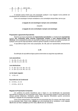 A
V
F

A "! ~A
F
F

~A
F
V

O exemplo acima mostra que uma proposição qualquer e sua negação nunca poderão ser
simultaneamente verdadeiros ou simultaneamente falsos.
Como uma tautologia é sempre verdadeira e uma contradição sempre falsa, tem-se que:
a negação de uma tautologia é sempre uma contradição
enquanto
a negação de uma contradição é sempre uma tautologia

Proposições Logicamente Equivalentes
Dizemos que duas proposições são logicamente equivalentes ou simplesmente equivalentes
quando são compostas pelas mesmas proposições simples e suas tabelas-verdade são
idênticas. Uma conseqüência prática da equivalência lógica é que ao trocar uma dada proposição por
qualquer outra que lhe seja equivalente, estamos apenas mudando a maneira de dizê-la.
A equivalência lógica entre duas proposições, A e B, pode ser representada simbolicamente
como:

⇔A
Da definição de equivalência lógica pode-se demonstrar as seguintes equivalências:
Leis associativas:
1. (A ∧ B) ∧ C ⇔ A ∧ (B ∧ C)
2. (A ∨ B) ∨ C ⇔ A ∨ (B ∨ C)
Leis distributivas:
3. A ∧ (B ∨ C) ⇔ (A ∧ B) ∨ (A ∧ C)
4. A ∨ (B ∧ C) ⇔ (A ∨ B) ∧ (A ∨ C)
Lei da dupla negação:
5. ~(~A) ⇔ A
Equivalências da Condicional
6. A ! B ⇔ ∼A ∨ B
7.

A ! B ⇔ ∼B ! ~A

Negação de Proposições Compostas
Um problema de grande importância para a lógica é o da identificação de proposições
equivalentes à negação de uma proposição dada. Negar uma proposição simples é uma tarefa que não
oferece grandes obstáculos. Entretanto, podem surgir algumas dificuldades quando procuramos
identificar a negação de uma proposição composta.
Como vimos anteriormente, a negação de uma proposição deve Ter sempre valor lógico oposto
ao da proposição dada. Deste modo, sempre que uma proposição A for verdadeira, a sua negação
não A deve ser falsa e sempre que A for falsa, não A deve ser verdadeira.

 