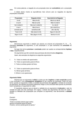 Em outras palavras, a negação de uma proposição deve ser contraditória com a proposição
dada.
A tabela abaixo mostra as equivalências mais comuns para as negações de algumas
proposições compostas:
Proposição

Negação direta

Equivalente da Negação

AeB

Não (A e B)

Não A ou não B

A ou B

Não (A ou B)

Não A e não B

Se A então B

Não (se A então B)

A e não B

A se e

Não (A se e

[(A e não B) ou

somente se B

somente se B)

(B e não A)]

Todo A é B

Não (todo A é B)

Algum A não é B

Algum A é B

Não (algum A é B)

Nenhum A é B

Argumento
Denomina-se argumento a relação que associa um conjunto de proposições P1, P2, ... Pn,
chamadas premissas do argumento, a uma proposição C a qual chamamos de conclusão do
argumento.
No lugar dos termos premissa e conclusão podem ser usados os correspondentes hipótese
e tese, respectivamente.
Os argumentos que têm somente duas premissas são denominados silogismos.
Assim, são exemplos de silogismos os seguintes argumentos:
I.

P1: Todos os artistas são apaixonados.
P2: Todos os apaixonados gosta de flores.
C: Todos os artistas gostam de flores.

II.

P1: Todos os apaixonados gosta de flores.
P2: Míriam gosta de flores.
C: Míriam é uma apaixonada.

Argumento Válido
Dizemos que um argumento é válido ou ainda que ele é legítimo ou bem construído quando
a sua conclusão é uma conseqüência obrigatória do seu conjunto de premissas. Posto de outra
forma: quando um argumento é válido, a verdade das premissas deve garantir a verdade da conclusão
do argumento. Isto significa que jamais poderemos chegar a uma conclusão falsa quando as premissas
forem verdadeiras e o argumento for válido.
É importante observar que ao discutir a validade de um argumento é irrelevante o valor de
verdade de cada uma das premissas. Em Lógica, o estudo dos argumentos não leva em conta a
verdade ou falsidade das proposições que compõem os argumentos, mas tão-somente a validade
destes.
Exemplo:
O silogismo:
“Todos os pardais adoram jogar xadrez.
Nenhum enxadrista gosta de óperas.
Portanto, nenhum pardal gosta de óperas.”

 