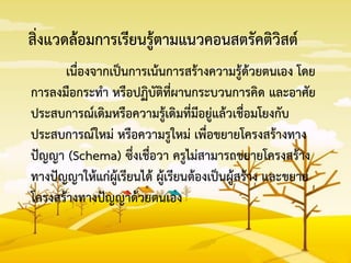 สิ่งแวดล้อมการเรียนรู้ตามแนวคอนสตรัคติวิสต์
เนื่องจากเป็นการเน้นการสร้างความรู้ด้วยตนเอง โดย
การลงมือกระทา หรือปฏิบัติที่ผานกระบวนการคิด และอาศัย
ประสบการณ์เดิมหรือความรู้เดิมที่มีอยู่แล้วเชื่อมโยงกับ
ประสบการณ์ใหม่ หรือความรูใหม่ เพื่อขยายโครงสร้างทาง
ปัญญา (Schema) ซึ่งเชื่อวา ครูไม่สามารถขยายโครงสร้าง
ทางปัญญาให้แก่ผู้เรียนได้ ผู้เรียนต้องเป็นผู้สร้าง และขยาย
โครงสร้างทางปัญญาด้วยตนเอง
 