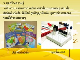 3 ชุดสร้างความรู้
-เป็นการประสานงานร่วมกับการนาสื่อประเภทต่างๆ เช่น สื่อ
สิ่งพิมพ์ หนังสือ วีดีทัศน์ ภูมิปัญญาท้องถิ่น อุปกรณ์การทดลอง
รวมทั้งกิจกรรมต่างๆ
(อุปกรณ์ทดลอง)(สื่อสิ่งพิมพ์ หนังสือ)
 