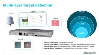 4
Multi-layer threat detection
Layer 1
Layer 2
Layer 3
Layer 4 4: Network
management
3: Device
2: GNSS
receiver
1: GNSS
antenna
• Layer 1: GNSS antenna – anti-jam/spoof antennas
• Layer 2: GNSS receiver – multi-constellation / multi-band receivers with jam/spoof detection
• Layer 3: Device level – continuous monitoring to mitigate spoofed GNSS vs. PTP signals
• Layer 4: Network management – monitor all network clocks (GNSS/PTP/etc.)
 