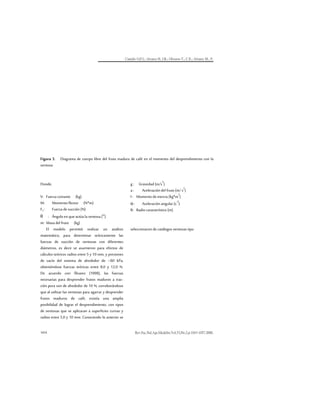 Camillo O,P.I.; Alvarez H, J.R.; Oliveros T., C.E.; Alvarez M., F.
Rev.Fac.Nal.Agr.Medellín.Vol.53,No.2.p.1043-1057.2000.
1054
Figura 3. Diagrama de cuerpo libre del fruto maduro de café en el momento del desprendimiento con la
ventosa
Donde;
V: Fuerza cortante (kg)
M: Momento flector (N*m)
Fs: Fuerza de succión (N)
θ : Ángulo en que actúa la ventosa ()
m: Masa del fruto (kg)
g : Gravedad (m/s
2
)
a : Aceleración del fruto (m/ s
2
)
I : Momento de inercia (kg*m
2
)
α: Aceleración angular (s
-2
)
R: Radio característico (m)
El modelo permitió realizar un análisis
matemático, para determinar teóricamente las
fuerzas de succión de ventosas con diferentes
diámetros, es decir se asumieron para efectos de
cálculos teóricos radios entre 5 y 10 mm, y presiones
de vacío del sistema de alrededor de –60 kPa,
obteniéndose fuerzas teóricas entre 8,0 y 12,0 N.
De acuerdo con Álvarez (1998), las fuerzas
necesarias para desprender frutos maduros a trac-
ción pura son de alrededor de 10 N, corroborándose
que al utilizar las ventosas para agarrar y desprender
frutos maduros de café, existía una amplia
posibilidad de lograr el desprendimiento, con tipos
de ventosas que se aplicaran a superficies curvas y
radios entre 5,0 y 10 mm. Conociendo lo anterior se
seleccionaron de catálogos ventosas tipo
 