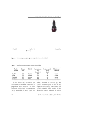 Camillo O,P.I.; Alvarez H, J.R.; Oliveros T., C.E.; Alvarez M., F.
Rev.Fac.Nal.Agr.Medellín.Vol.53,No.2.p.1043-1057.2000.
1056
Fuelle 1 Fuelle 2 Multifuelle
Profunda
Figura 4. Ventosas exploradas para agarrar y desprender frutos maduros de café.
Tabla 1. Especificaciones técnicas de las ventosas seleccionadas
Tipo de
Ventosa
Diámetro
(mm)
Material Fuerza teorica
de
Elevación (n)
Presion max. de
vacío
(kpa)
Aplicación en
superficies
Fuelle1 20 Silicona 8,0 -80 Curvas
Fuelle 2 15 Silicona 10,0 -80 Curvas
Multifuelle 20 Silicona 30,0 -80 Curvas
Profunda 15 Nitrilo 7,0 -80 Curvas
El área efectiva (m
2
) de contacto para
cada ventosa, se determinó conociendo las
propiedades físico-mecánicas del fruto
maduro de café (Alvarez, 1998; Mohsenin,
1972). Asumiendo el fruto como una
esfera, utilizando la ecuación [1] del
cálculo diferencial para el área de una
superficie cualquiera y considerando que
cuando la ventosa agarra el fruto, el área
proyectada sobre la superficie de este es
 