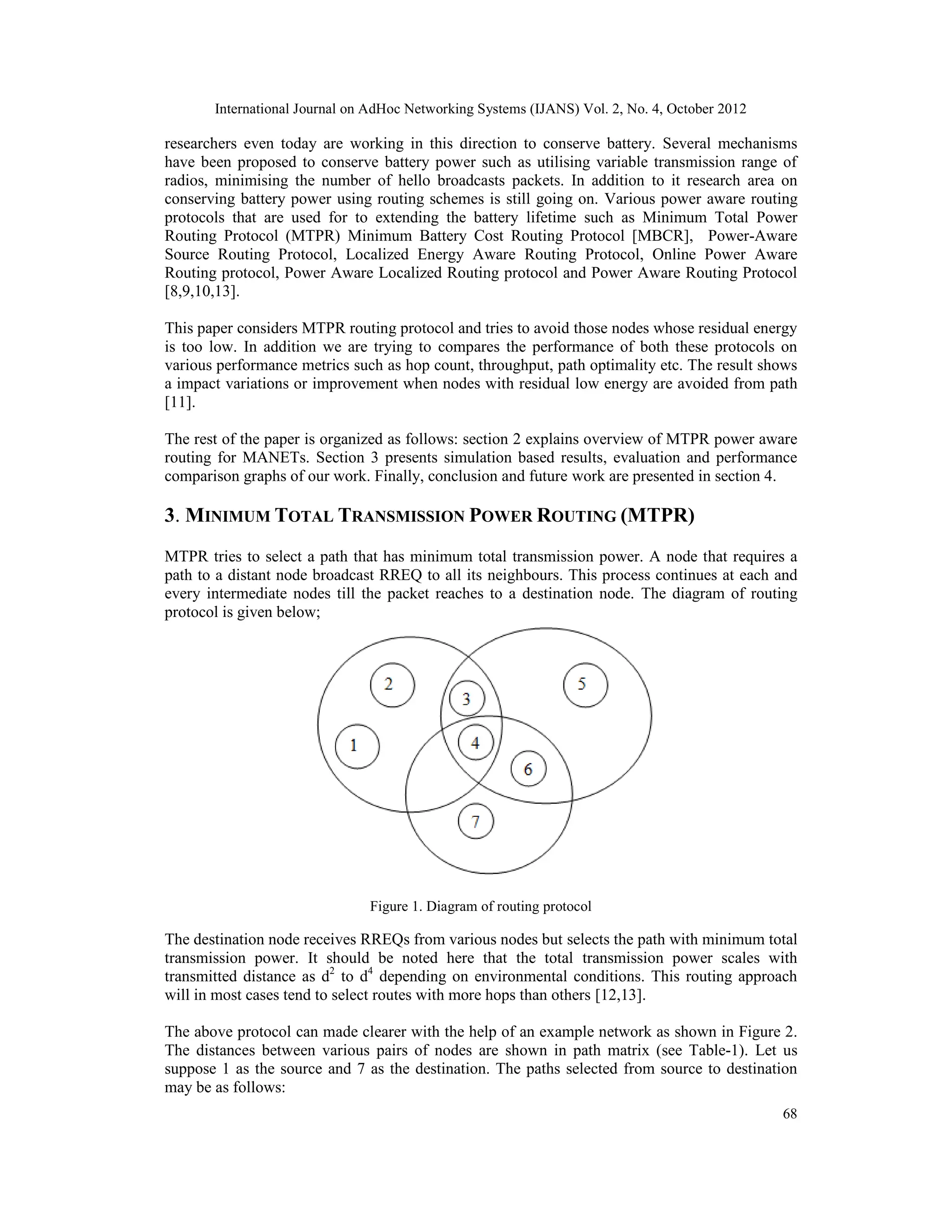 International Journal on AdHoc Networking Systems (IJANS) Vol. 2, No. 4, October 2012 68 researchers even today are working in this direction to conserve battery. Several mechanisms have been proposed to conserve battery power such as utilising variable transmission range of radios, minimising the number of hello broadcasts packets. In addition to it research area on conserving battery power using routing schemes is still going on. Various power aware routing protocols that are used for to extending the battery lifetime such as Minimum Total Power Routing Protocol (MTPR) Minimum Battery Cost Routing Protocol [MBCR], Power-Aware Source Routing Protocol, Localized Energy Aware Routing Protocol, Online Power Aware Routing protocol, Power Aware Localized Routing protocol and Power Aware Routing Protocol [8,9,10,13]. This paper considers MTPR routing protocol and tries to avoid those nodes whose residual energy is too low. In addition we are trying to compares the performance of both these protocols on various performance metrics such as hop count, throughput, path optimality etc. The result shows a impact variations or improvement when nodes with residual low energy are avoided from path [11]. The rest of the paper is organized as follows: section 2 explains overview of MTPR power aware routing for MANETs. Section 3 presents simulation based results, evaluation and performance comparison graphs of our work. Finally, conclusion and future work are presented in section 4. 3. MINIMUM TOTAL TRANSMISSION POWER ROUTING (MTPR) MTPR tries to select a path that has minimum total transmission power. A node that requires a path to a distant node broadcast RREQ to all its neighbours. This process continues at each and every intermediate nodes till the packet reaches to a destination node. The diagram of routing protocol is given below; Figure 1. Diagram of routing protocol The destination node receives RREQs from various nodes but selects the path with minimum total transmission power. It should be noted here that the total transmission power scales with transmitted distance as d2 to d4 depending on environmental conditions. This routing approach will in most cases tend to select routes with more hops than others [12,13]. The above protocol can made clearer with the help of an example network as shown in Figure 2. The distances between various pairs of nodes are shown in path matrix (see Table-1). Let us suppose 1 as the source and 7 as the destination. The paths selected from source to destination may be as follows: 
