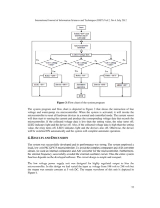 International Journal of Information Sciences and Techniques (IJIST) Vol.2, No.4, July 2012
53
Figure 3: Flow chart of the system program
The system program and flow chart is depicted in Figure 3 that shows the interaction of line
voltage and water-pump via microcontroller. When the system is activated, it will invoke the
microcontroller to reset all hardware devices in a normal and controlled mode. The current sensor
will then start to sensing the current and produce the corresponding voltage data that records the
microcontroller. If the collected voltage data is less than the setting value, the relay turns off;
LED2 indicates light and the device off. Also, if the collected voltage data is high than the setting
value, the relay turns off, LED1 indicates light and the devices also off. Otherwise, the device
will be switched ON automatically and the system will complete automatic operation.
4. RESULTS AND DISCUSSION
The system was successfully developed and its performance was strong. The system employed a
local, low-cost PIC12F675 microcontroller. To avoid the complex comparator and A/D converter
circuit, we used an internal comparator and A/D converter for the microcontroller. Furthermore,
the internal frequency successfully avoided the external oscillator circuit. Thus the entire system
function depends on the developed software. The circuit design is simple and compact.
The low voltage power supply unit was designed for highly regulated output to bias the
microcontroller. In this design we had varied the input ac voltage from 198 volt to 248 volt but
the output was remain constant at 5 volt DC. The output waveform of this unit is depicted in
Figure 4.
 