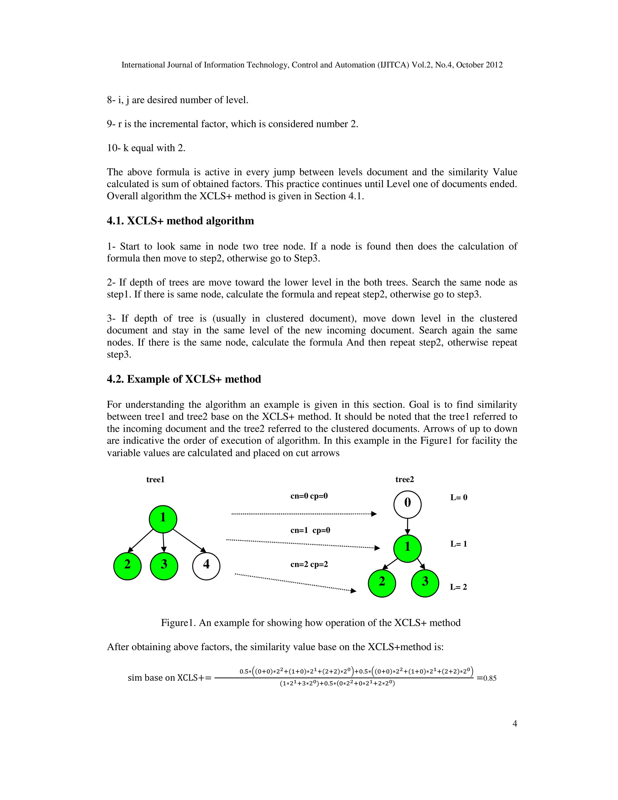 International Journal of Information Technology, Control and Automation (IJITCA) Vol.2, No.4, October 2012
4
8- i, j are desired number of level.
9- r is the incremental factor, which is considered number 2.
10- k equal with 2.
The above formula is active in every jump between levels document and the similarity Value
calculated is sum of obtained factors. This practice continues until Level one of documents ended.
Overall algorithm the XCLS+ method is given in Section 4.1.
4.1. XCLS+ method algorithm
1- Start to look same in node two tree node. If a node is found then does the calculation of
formula then move to step2, otherwise go to Step3.
2- If depth of trees are move toward the lower level in the both trees. Search the same node as
step1. If there is same node, calculate the formula and repeat step2, otherwise go to step3.
3- If depth of tree is (usually in clustered document), move down level in the clustered
document and stay in the same level of the new incoming document. Search again the same
nodes. If there is the same node, calculate the formula And then repeat step2, otherwise repeat
step3.
4.2. Example of XCLS+ method
For understanding the algorithm an example is given in this section. Goal is to find similarity
between tree1 and tree2 base on the XCLS+ method. It should be noted that the tree1 referred to
the incoming document and the tree2 referred to the clustered documents. Arrows of up to down
are indicative the order of execution of algorithm. In this example in the Figure1 for facility the
variable values are calculated and placed on cut arrows
Figure1. An example for showing how operation of the XCLS+ method
After obtaining above factors, the similarity value base on the XCLS+method is:
sim base on XCLS
.*+,-.,,-/,-,--01,.*+,-.,,-/,-,--01
-/,2-0,.*-.,-/,--0
0.85
1
2 4
3
3
2
1
0
cn=1 cp=0
cn=2 cp=2
L= 0
L= 1
L= 2
tree1
cn=0 cp=0
tree2
 