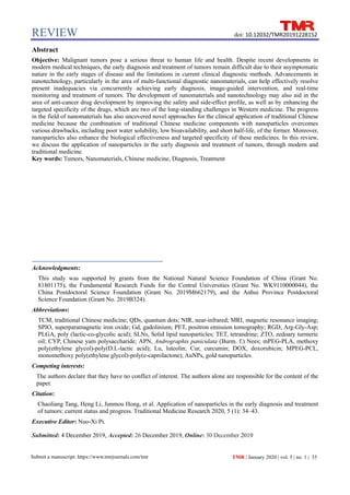 application of nanoparticles in the early diagnosis and treatment of ...