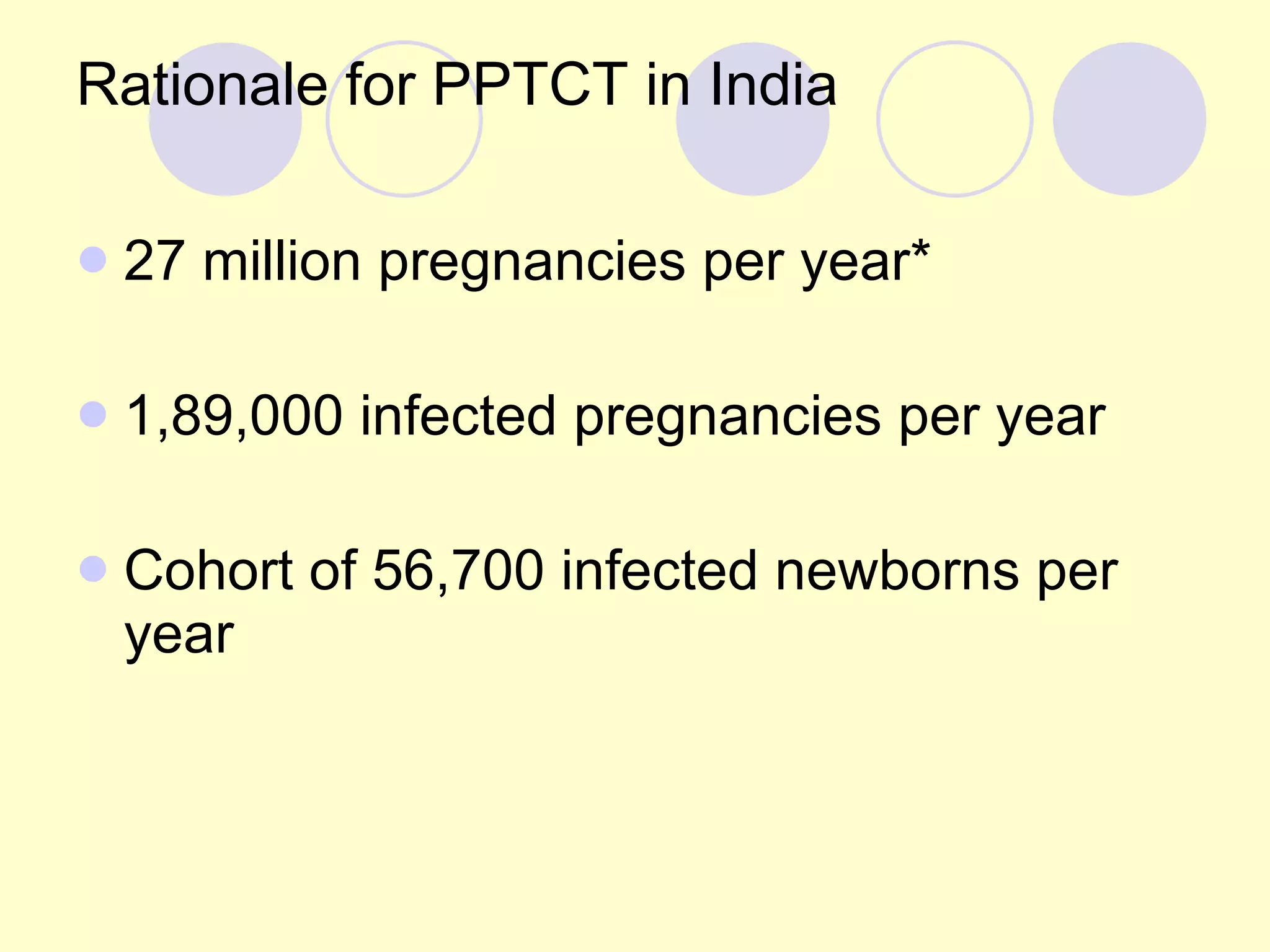 Rationale for PPTCT in India 27 million pregnancies per year* 1,89,000 infected pregnancies per year Cohort of 56,700 infected newborns per year 
