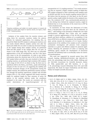 Isolation of the catalyst from the reaction mixture and
using them for successive reactions makes the process
eﬀective for industrial applications. For studying this, we
reused the Pd@C-dot-PVP catalyst in subsequent reactions and
the results showed eﬃcient catalytic activity even after the
third cycle (Table S6†). In order to study any structural changes
of the catalyst during their catalytic activity, we performed
TEM and XPS studies of the catalyst after the 1st cycle. As
shown in the TEM image (Fig. 5A), there was no noticeable
agglomeration of the Pd nanoparticles, and the C-dot layers
were intact in the Pd nanoparticles. In order to get further
information about the chemical state of Pd in the Pd@C-dot-
PVP catalyst before and after they were involved in the Suzuki
coupling reaction, we performed high resolution XPS analysis
in the range of 350–330 eV. As shown in Fig. 5B, there was no
significant shift in the Pd3d3/2 and Pd3d5/2 peaks with binding
energies of 340.2 eV and 335.3 eV suggesting the stability and
minimal structural changes of Pd nanoparticles during the
catalytic reaction. We studied the preliminary reaction mechan-
ism through Pd leaching experiments coupled with ICP-AES
analysis (ESI 4†). The results suggested that Suzuki reactions
might be catalyzed largely by trace amounts of active Pd
species in the reaction solution under the conditions
employed in the study. The results are consistent with the
earlier observations of “quasi-heterogeneity” of Pd
nanoparticles in C–C coupling reactions.15
It is worth mention-
ing that we required a higher catalytic loading of Pd@C-dot-
PVP catalyst compared to other commonly used catalysts such
as Pd-PVP and Pd/C for the Suzuki coupling reaction (ESI 5†).
We believe that the presence of C-dot layers on the Pd nano-
particle surface might inhibit the kinetics of the catalyzed reac-
tion. The evolution of Pd2+
ions, mechanistically perceived to
be the driving force behind the catalyzed reaction, might be
hindered due to in situ reduction of the metal ions to Pd0
by
C-dots simultaneously.
In conclusion, we have shown the fabrication of C-dots
from a bio-precursor and used them for the reduction of
PdCl4
2−
salts leading to the formation of Pd@C-dot core–shell
nanostructures. Although bare C-dots were not capable
enough to prevent agglomeration of the Pd NPs during the
Suzuki and Heck reactions, addition of a co-stabilizer in the
form of PVP led to an eﬃcient composite that showed high cat-
alytic activity towards the formation of C–C bonds. Further
improvement of the stability of the catalyst as well as detailed
mechanistic investigation will promote C-dot composite
materials as a green and eﬃcient catalyst for practical appli-
cations. Realizing the potential of C-dots as reducing and
stabilizing agents towards the development of functional
materials will definitely lead to eco-friendly routes for chemi-
cal transformations.
This work was supported by research grants from DST
research funding (SR/WOS-A/CS-50/2010 and SR/S1/PC-32/
2010). We acknowledge help from SAIF, NEHU, Shillong and
the UGC-DAE Consortium for Scientific Research, Indore
for TEM, powder-XRD and XPS facilities. B. S. and
S. M. acknowledge research fellowships from UGC and CSIR
respectively. We thank Dr Anjan Chakraborty and Ms Raina
Thakur for helpful scientific discussions.
Notes and references
1 (a) S. N. Baker and G. A. Baker, Angew. Chem., Int. Ed.,
2010, 49, 6726; (b) H. Li, Z. Kang, Y. Liu and S.-T. Lee,
J. Mater. Chem., 2012, 22, 24230; (c) Y. P. Sun, B. Zhou,
Y. Lin, W. Wang, K. A. S. Fernando, P. Pathak,
M. J. Meziani, B. A. Harruﬀ, X. Wang, H. F. Wang,
P. J. G. Luo, H. Yang, M. E. Kose, B. L. Chen, L. M. Veca
and S. Y. Xie, J. Am. Chem. Soc., 2006, 128, 7756.
2 (a) S. T. Yang, L. Cao, P. G. Luo, F. S. Lu, X. Wang,
H. F. Wang, M. J. Meziani, Y. F. Liu, G. Qi and Y. P. Sun,
J. Am. Chem. Soc., 2009, 131, 11308; (b) V. Gupta,
N. Chaudhary, R. Srivastava, G. D. Sharma, R. Bhardwaj
and S. Chand, J. Am. Chem. Soc., 2011, 133, 9960;
(c) P. Mirtchev, E. J. Henderson, N. Soheilnia, C. M. Yipc
and G. A. Ozin, J. Mater. Chem., 2012, 22, 1265;
(d) H. C. Zhang, H. Huang, H. Ming, H. T. Li, L. L. Zhang,
Y. Liu and Z. H. Kang, J. Mater. Chem., 2012, 22, 10501.
3 (a) S. K. Bhunia, A. Saha, A. R. Maity, S. C. Ray and
N. R. Jana, Sci. Rep., 2013, 3, 1473; (b) H. Liu, T. Ye and
C. Mao, Angew. Chem., Int. Ed., 2007, 46, 6473; (c) H. Peng
Table 2 Heck coupling of aryl iodides using the Pd@C-dot-PVP catalysta
Entry R1 Time (h) Yieldb
(%)
1 H 12 95
2 p-CH3 12 89
3 p-OCH3 10 90
4 p-Cl 16 79
a
Reaction conditions: aryl iodide (1.0 mmol), styrene (1.2 mmol), Pd
catalyst (0.5 mol% with respect to styrene), K2CO3 (2.0 equiv.), water
(5 ml). b
Isolated product.
Fig. 5 Structural investigation of the Pd@C-dot-PVP catalyst after the ﬁrst
cycle. (A) TEM image (scale bar 20 nm). (B) XPS spectra of the Pd3d region: (a)
as-synthesised Pd@C-dots and (b) ﬁrst cycled Pd@C-dots.
Communication Dalton Transactions
13824 | Dalton Trans., 2013, 42, 13821–13825 This journal is © The Royal Society of Chemistry 2013
Publishedon01August2013.DownloadedbyIITIndore,CentralLibraryon13/08/201515:54:10.
View Article Online
 