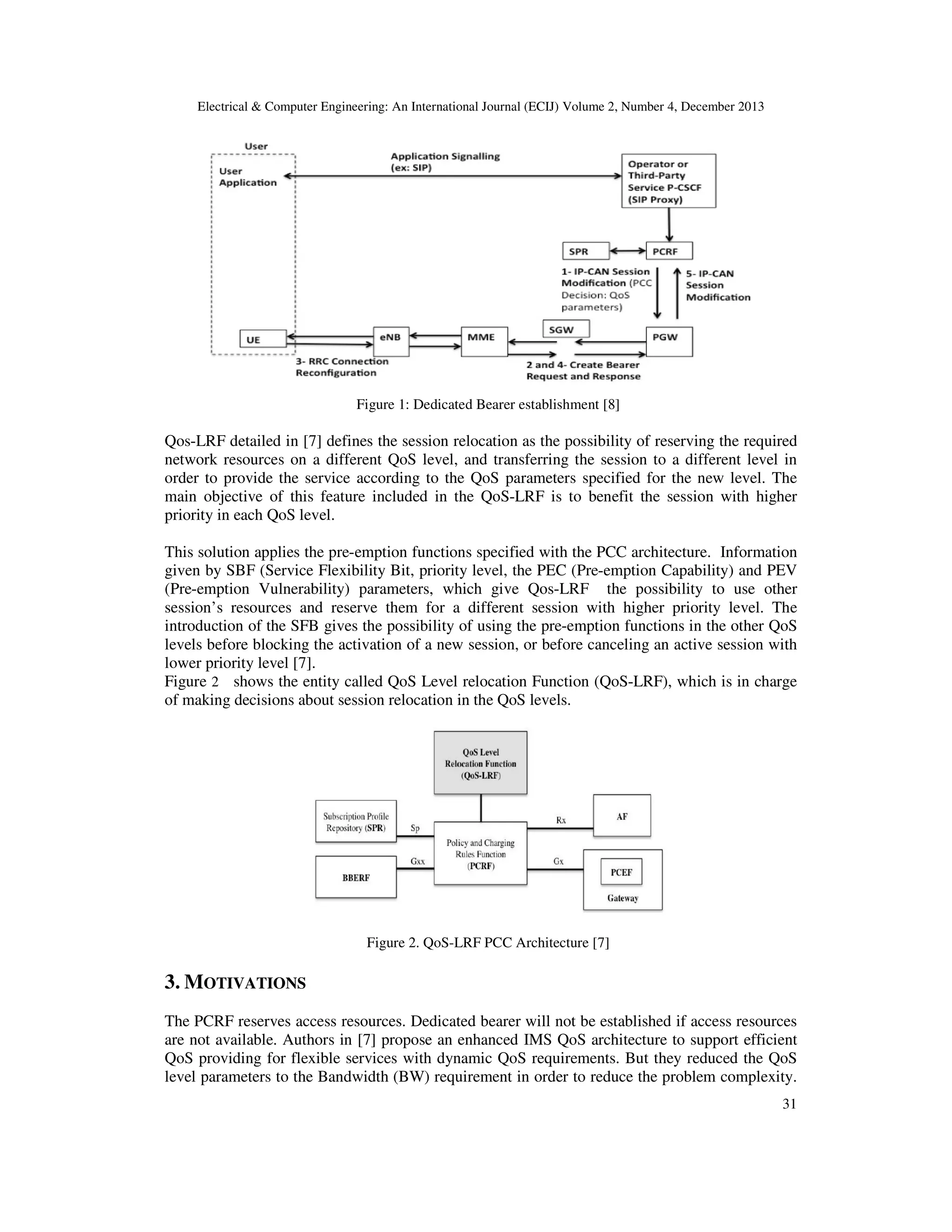 Electrical & Computer Engineering: An International Journal (ECIJ) Volume 2, Number 4, December 2013
31
Figure 1: Dedicated Bearer establishment [8]
Qos-LRF detailed in [7] defines the session relocation as the possibility of reserving the required
network resources on a different QoS level, and transferring the session to a different level in
order to provide the service according to the QoS parameters specified for the new level. The
main objective of this feature included in the QoS-LRF is to benefit the session with higher
priority in each QoS level.
This solution applies the pre-emption functions specified with the PCC architecture. Information
given by SBF (Service Flexibility Bit, priority level, the PEC (Pre-emption Capability) and PEV
(Pre-emption Vulnerability) parameters, which give Qos-LRF the possibility to use other
session’s resources and reserve them for a different session with higher priority level. The
introduction of the SFB gives the possibility of using the pre-emption functions in the other QoS
levels before blocking the activation of a new session, or before canceling an active session with
lower priority level [7].
Figure 2 shows the entity called QoS Level relocation Function (QoS-LRF), which is in charge
of making decisions about session relocation in the QoS levels.
Figure 2. QoS-LRF PCC Architecture [7]
3. MOTIVATIONS
The PCRF reserves access resources. Dedicated bearer will not be established if access resources
are not available. Authors in [7] propose an enhanced IMS QoS architecture to support efficient
QoS providing for flexible services with dynamic QoS requirements. But they reduced the QoS
level parameters to the Bandwidth (BW) requirement in order to reduce the problem complexity.
 