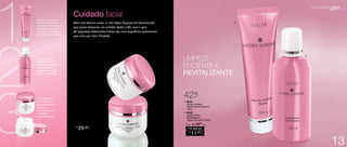 O Gel de Limpeza 
Facial é responsável 
por retirar as impurezas 
superficiais da pele, 
tais como restos de 
maquiagem e poluição. 1 
CADA A Loção Facial 
A hidratação é 
um tratamento 
profundo capaz 
de repor a 
umidade da pele 
e favorecer 
sua elasticidade. 
3 2 
42%OFF 
3. 96431 
Gel de Limpeza 
Facial Hydra-Supreme 
100g 
4. 96432 
Loção Facial 
Revitalizante 
Hydra-Supreme 120ml 
Sug.: R$ /19,00 
Por apenas 
R$ 
11,00 
CADA 
CADA 
Cuidado facial 
LIMPEZA 
EFICIENTE E 
REVITALIZANTE 
CUIDADOS DA PELE 
Com uma fórmula suave, a linha Hydra Supreme foi desenvolvida 
para quem deseja ter um cuidado rápido e fácil com a pele. 
Os pequenos tratamentos diários são uma experiência fundamental 
para uma pele bem hidratada. 
1. 
2. 
3. 
4. 
1. 96434 
Creme Facial 
Hidratante para Pele 
Normal a Oleosa 
Hydra-Supreme 60g 
2. 96433 
Creme Facial 
Hidratante para Pele 
Normal a Seca 
Hydra-Supreme 60g 
R$ 
29,00 
Revitalizante age 
retirando os resíduos 
mais profundos e 
preparando a pele 
para a hidratação. 
13 
 