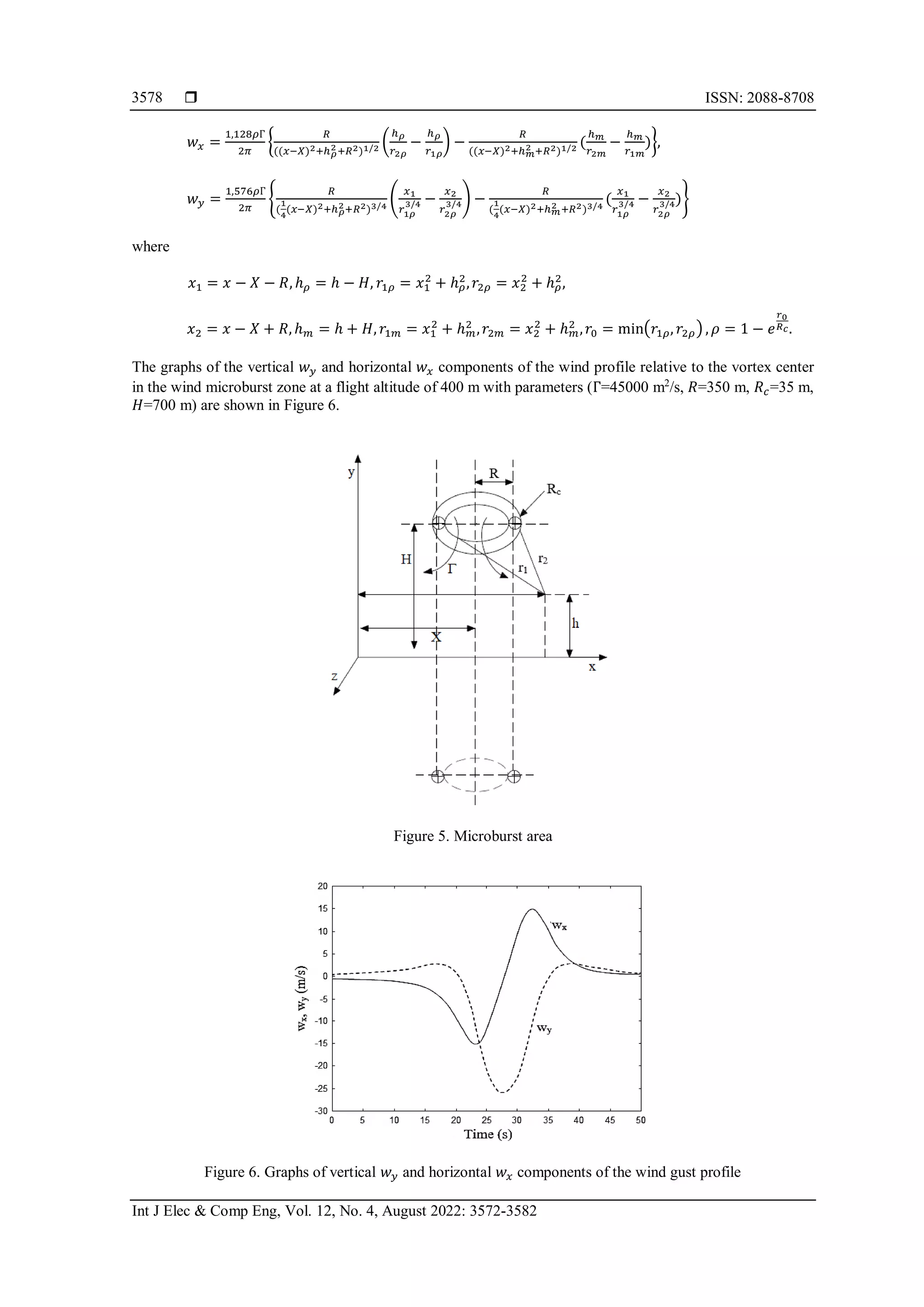  ISSN: 2088-8708
Int J Elec & Comp Eng, Vol. 12, No. 4, August 2022: 3572-3582
3578
𝑤𝑥 =
1,128𝜌Г
2𝜋
{
𝑅
((𝑥−𝑋)2+ℎ𝜌
2+𝑅2)1/2 (
ℎ𝜌
𝑟2𝜌
−
ℎ𝜌
𝑟1𝜌
) −
𝑅
((𝑥−𝑋)2+ℎ𝑚
2 +𝑅2)1/2 (
ℎ𝑚
𝑟2𝑚
−
ℎ𝑚
𝑟1𝑚
)},
𝑤𝑦 =
1,576𝜌Г
2𝜋
{
𝑅
(
1
4
(𝑥−𝑋)2+ℎ𝜌
2+𝑅2)3/4
(
𝑥1
𝑟1𝜌
3/4 −
𝑥2
𝑟2𝜌
3/4) −
𝑅
(
1
4
(𝑥−𝑋)2+ℎ𝑚
2 +𝑅2)3/4
(
𝑥1
𝑟1𝜌
3/4 −
𝑥2
𝑟2𝜌
3/4)}
where
𝑥1 = 𝑥 − 𝑋 − 𝑅, ℎ𝜌 = ℎ − 𝐻, 𝑟1𝜌 = 𝑥1
2
+ ℎ𝜌
2
,𝑟2𝜌 = 𝑥2
2
+ ℎ𝜌
2
,
𝑥2 = 𝑥 − 𝑋 + 𝑅, ℎ𝑚 = ℎ + 𝐻, 𝑟1𝑚 = 𝑥1
2
+ ℎ𝑚
2
,𝑟2𝑚 = 𝑥2
2
+ ℎ𝑚
2
,𝑟0 = min(𝑟1𝜌, 𝑟2𝜌) , 𝜌 = 1 − 𝑒
𝑟0
𝑅𝑐.
The graphs of the vertical 𝑤𝑦 and horizontal 𝑤𝑥 components of the wind profile relative to the vortex center
in the wind microburst zone at a flight altitude of 400 m with parameters (Г=45000 m2
/s, 𝑅=350 m, 𝑅𝑐=35 m,
𝐻=700 m) are shown in Figure 6.
Figure 5. Microburst area
Figure 6. Graphs of vertical 𝑤𝑦 and horizontal 𝑤𝑥 components of the wind gust profile
 