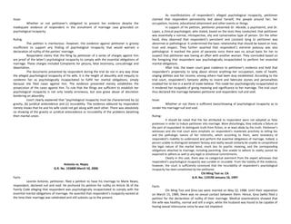 Issue:
Whether or not petitioner’s obligated to present her evidence despite the
inadequate evidence of respondent in the annulment of marriage case grounded on
psychological incapacity.
Ruling:
The petition is meritorious. However, the evidence against petitioner is grossly
insufficient to support any finding of psychological incapacity that would warrant a
declaration of nullity of the parties’ marriage.
Respondent claims that the filing by petitioner of a series of charges against him
are proof of the latter’s psychological incapacity to comply with the essential obligations of
marriage. These charges included Complaints for perjury, false testimony, concubinage and
deportation.
The documents presented by respondent during the trial do not in any way show
the alleged psychological incapacity of his wife. It is the height of absurdity and inequity to
condemn her as psychologically incapacitated to fulfill her marital obligations, simply
because she filed cases against him. The evidence presented merely establishes the
prosecution of the cases against him. To rule that the filings are sufficient to establish her
psychological incapacity is not only totally erroneous, but also grave abuse of discretion
bordering on absurdity.
Court clearly explained that "psychological incapacity must be characterized by (a)
gravity, (b) juridical antecedence and (c) incurability. The evidence adduced by respondent
merely shows that he and his wife could not get along with each other. There was absolutely
no showing of the gravity or juridical antecedence or incurability of the problems besetting
their marital union.
Antonio vs. Reyes
G.R. No. 155800 March 10, 2006
Facts:
Leonilo Antonio, petitioner, filed a petition to have his marriage to Marie Reyes,
respondent, declared null and void. He anchored his petition for nullity on Article 36 of the
Family Code alleging that respondent was psychologically incapacitated to comply with the
essential marital obligations of marriage. He asserted that respondent’s incapacity existed at
the time their marriage was celebrated and still subsists up to the present.
As manifestations of respondent’s alleged psychological incapacity, petitioner
claimed that respondent persistently lied about herself, the people around her, her
occupation, income, educational attainment and other events or things.
In support of his petition, petitioner presented Dr. Abcede, a psychiatrist, and Dr.
Lopez, a clinical psychologist, who stated, based on the tests they conducted, that petitioner
was essentially a normal, introspective, shy and conservative type of person. On the other
hand, they observed that respondent’s persistent and constant lying to petitioner was
abnormal or pathological. It undermined the basic relationship that should be based on love,
trust and respect. They further asserted that respondent’s extreme jealousy was also
pathological. It reached the point of paranoia since there was no actual basis for her to
suspect that petitioner was having an affair with another woman. They concluded based on
the foregoing that respondent was psychologically incapacitated to perform her essential
marital obligations.
After trial, the lower court gave credence to petitioner’s evidence and held that
respondent’s propensity to lying about almost anything−her occupation, state of health,
singing abilities and her income, among others−had been duly established. According to the
trial court, respondent’s fantastic ability to invent and fabricate stories and personalities
enabled her to live in a world of make-believe. This made her psychologically incapacitated as
it rendered her incapable of giving meaning and significance to her marriage. The trial court
thus declared the marriage between petitioner and respondent null and void.
Issue:
Whether or not there is sufficient basis/showing of psychological incapacity as to
render the marriage null and void.
Ruling:
It should be noted that the lies attributed to respondent were not adopted as false
pretenses in order to induce petitioner into marriage. More disturbingly, they indicate a failure on
the part of respondent to distinguish truth from fiction, or at least abide by the truth. Petitioner’s
witnesses and the trial court were emphatic on respondent’s inveterate proclivity to telling lies
and the pathologic nature of her mistruths, which according to them, were revelatory of
respondent’s inability to understand and perform the essential obligations of marriage. Indeed, a
person unable to distinguish between fantasy and reality would similarly be unable to comprehend
the legal nature of the marital bond, much less its psychic meaning, and the corresponding
obligations attached to marriage, including parenting. One unable to adhere to reality cannot be
expected to adhere as well to any legal or emotional commitments.
Clearly in this case, there was no categorical averment from the expert witnesses that
respondent’s psychological incapacity was curable or incurable. From the totality of the evidence,
however, the court is sufficiently convinced that the incurability of respondent’s psychological
incapacity has been established by the petitioner.
Chi Ming Tsoi vs. CA
G.R. No. 119190 January 16, 1997
Facts:
Chi Ming Tsoi and Gina Lao were married on May 22, 1988. Until their separation
on March 15, 1989, there was no sexual contact between them. Hence, Gina (wife) filed a
petition for the declaration of nullity of their marriage. Medical examinations showed that
the wife was healthy, normal and still a virgin, while the husband was found to be capable of
having sexual intercourse since he was not impotent.
 