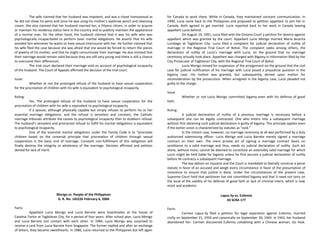 The wife claimed that her husband was impotent, and was a closet homosexual as
he did not show his penis and since he was using his mother’s eyebrow pencil and cleansing
cream. She also claimed that her husband married her, a Filipino citizen, in order to acquire
or maintain his residency status here in the country and to publicly maintain the appearance
of a normal man. On the other hand, the husband claimed that it was his wife who was
psychologically incapacitated to perform basic marital obligations. He asserts that his wife
avoided him whenever he wants to have sexual intercourse with her. He further claimed that
his wife filed the case because she was afraid that she would be forced to return the pieces
of jewelry of his mother, and that he might consummate their marriage. He also insisted that
their marriage would remain valid because they are still very young and there is still a chance
to overcome their differences.
The trial court declared their marriage void on account of psychological incapacity
of the husband. The Court of Appeals affirmed the decision of the trial court.
Issue:
Whether or not the prolonged refusal of the husband to have sexual cooperation
for the procreation of children with his wife is equivalent to psychological incapacity.
Ruling:
Yes. The prolonged refusal of the husband to have sexual cooperation for the
procreation of children with his wife is equivalent to psychological incapacity.
If a spouse, although physically capable but simply refuses to perform his or her
essential marriage obligations, and the refusal is senseless and constant, the Catholic
marriage tribunals attribute the causes to psychological incapacity than to stubborn refusal.
The husband’s senseless and protracted refusal to fulfill his marital obligations is equivalent
to psychological incapacity.
One of the essential marital obligations under the Family Code is to “procreate
children based on the universal principle that procreation of children through sexual
cooperation is the basic end of marriage. Constant non-fulfillment of this obligation will
finally destroy the integrity or wholeness of the marriage. Decision affirmed and petition
denied for lack of merit.
Morigo vs. People of the Philippines
G. R. No. 145226 February 6, 2004
Facts:
Appellant Lucio Morigo and Lucia Barrete were boardmates at the house of
Catalina Tortor at Tagbilaran City, for a period of four years. After school year, Lucio Morigo
and Lucia Barrete lost contact with each other. In 1984, Lucio Morigo was surprised to
receive a card from Lucia Barrete from Singapore. The former replied and after an exchange
of letters, they became sweethearts. In 1986, Lucia returned to the Philippines but left again
for Canada to work there. While in Canada, they maintained constant communication. In
1990, Lucia came back to the Philippines and proposed to petition appellant to join her in
Canada. Both agreed to get married. Lucia reported back to her work in Canada leaving
appellant Lucio behind.
On August 19, 1991, Lucia filed with the Ontario Court a petition for divorce against
appellant which was granted by the court. Appellant Lucio Morigo married Maria Jececha
Lumbago at Tagbilaran City. Lucio filed a complaint for judicial declaration of nullity of
marriage in the Regional Trial Court of Bohol. The complaint seeks among others, the
declaration of nullity of Lucio’s marriage with Lucia, on the ground that no marriage
ceremony actually took place. Appellant was charged with Bigamy in information filed by the
City Prosecutor of Tagbilaran City, with the Regional Trial Court of Bohol.
Lucio Morigo moved for suspension of the arraignment on the ground that the civil
case for judicial nullification of his marriage with Lucia posed a prejudicial question in the
bigamy case. His motion was granted, but subsequently denied upon motion for
reconsideration by the prosecution. When arraigned in the bigamy case, Lucio pleaded not
guilty to the charge.
Issue:
Whether or not Lucio Morigo committed bigamy even with his defense of good
faith.
Ruling:
A judicial declaration of nullity of a previous marriage is necessary before a
subsequent one can be legally contracted. One who enters into a subsequent marriage
without first obtaining such judicial declaration is guilty of bigamy. This principle applies even
if the earlier union is characterized by statutes as "void."
In the instant case, however, no marriage ceremony at all was performed by a duly
authorized solemnizing officer. Lucio Morigo and Lucia Barrete merely signed a marriage
contract on their own. The mere private act of signing a marriage contract bears no
semblance to a valid marriage and thus, needs no judicial declaration of nullity. Such act
alone, without more, cannot be deemed to constitute an ostensibly valid marriage for which
Lucio might be held liable for bigamy unless he first secures a judicial declaration of nullity
before he contracts a subsequent marriage.
The law abhors an injustice and the Court is mandated to liberally construe a penal
statute in favor of an accused and weigh every circumstance in favor of the presumption of
innocence to ensure that justice is done. Under the circumstances of the present case,
Supreme Court held that petitioner has not committed bigamy and that it need not tarry on
the issue of the validity of his defense of good faith or lack of criminal intent, which is now
moot and academic.
Lapuz-Sy vs. Eufemio
43 SCRA 177
Facts:
Carmen Lapuz-Sy filed a petition for legal separation against Eufemio, married
civilly on September 21, 1934 and canonically on September 30, 1943. In 1943, her husband
abandoned her. Carmen discovered Eufemio cohabiting with a Chinese woman, Go Hiok.
 