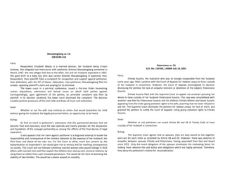 Macadangdang vs. CA
108 SCRA 314
Facts:
Respondent Elizabeth Mejias is a married woman, her husband being Crispin
Anahaw. She allegedly had intercourse with petitioner Antonio Macadangdang sometime in
March, 1967. She also alleges that due to the affair, she and her husband separated in 1967.
She gave birth to a baby boy who was named Rolando Macadangdang in baptismal rites.
Respondent, then plaintiff, filed a complaint for recognition and support against petitioner,
then defendant, with the CIF of Davao. Defendant, now petitioner, Macadangdang filed his
answer, opposing plaintiff's claim and praying for its dismissal.
The lower court in a pre-trial conference, issued a Pre-trial Order formalizing
certain stipulations, admissions and factual issues on which both parties agreed.
Correspondingly, upon agreement of the parties, an amended complaint was filed by
plaintiff. In its decision rendered, the lower court dismissed the complaint. The decision
invoked positive provisions of the Civil Code and Rules of Court and authorities.
Issue:
Whether or not the wife may institute an action that would bastardize her child
without giving her husband, the legally presumed father, an opportunity to be heard.
Ruling:
SC find no merit in petitioner’s submission that the questioned decision had not
become final and executory since the law explicitly and clearly provides for the dissolution
and liquidation of the conjugal partnership as among the effects of the final decree of legal
separation.
It also appears that her claim against petitioner is a disguised attempt to evade the
responsibility and consequence of her reckless behavior at the expense of her husband, her
illicit lover and above all her own son. For this Court to allow, much less consent to, the
bastardization of respondent's son would give rise to serious and far-reaching consequences
on society. This Court will not tolerate scheming married women who would indulge in illicit
affairs with married men and then exploit the children born during such immoral relations by
using them to collect from such moneyed paramours. This would be the form of wrecking the
stability of two families. This would be a severe assault on morality.
Potenciano vs. CA
G.R. No. 139789, 139808 July 19, 2001
Facts:
Erlinda Ilusorio, the matriarch who was so lovingly inseparable from her husband
some years ago, filed a petition with the Court of Appeals for habeas corpus to have custody
of her husband in consortium. However, the Court of Appeals promulgated its decision
dismissing the petition for lack of unlawful restraint or detention of the subject, Potenciano
Ilusorio.
Erlinda Ilusorio filed with the Supreme Court an appeal via certiorari pursuing her
desire to have custody of her husband Potenciano Ilusorio. This case was consolidated with
another case filed by Potenciano Ilusorio and his children, Erlinda Bildner and Sylvia Ilusorio
appealing from the order giving visitation rights to his wife, asserting that he never refused to
see her. The Supreme Court dismissed the petition for habeas corpus for lack of merit, and
granted the petition to nullify the Court of Appeals' ruling giving visitation rights to Erlinda
Ilusorio.
Issue:
Whether or not petitioner can assert Article 68 and 69 of Family Code to have
custody of her husband in consortium.
Ruling:
The Supreme Court agrees that as spouses, they are duty bound to live together
and care for each other as provided by Article 68 and 69. However, there was absence of
empathy between spouses Erlinda and Potenciano, having separated from bed and board
since 1972. Only the moral obligation of the spouses constitutes the motivating factor for
making them observe the said duties and obligations which are highly personal. Therefore,
they deny the petitioner’s motion for reconsideration.
 