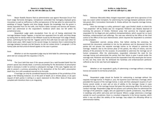 Navarro vs. Judge Domagtoy
A.M. No. MTJ-96-1088 July 19, 1996
Facts:
Mayor Rodolfo Navarro filed an administrative case against Municipal Circuit Trial
Court Judge Hernando Domagtoy. Complainant contended that Domagtoy displayed gross
misconduct as well as inefficiency in office and ignorance of the law when he solemnized the
weddings of Gaspar Tagadan and Arlyn Borga, despite the knowledge that the groom is
merely separated from his first wife, and Floriano Dador Sumaylo and Gemma del Rosario,
which was solemnized at the respondent’s residence which does not fall within his
jurisdictional area.
Respondent judge seeks exculpation from his act of having solemnized the
marriage between Gaspar Tagadan, a married man separated from his wife, and Arlyn Borga
by stating that he merely relied on the Affidavit issued by the Municipal Trial Judge of Basey,
Samar, confirming the fact that Mr. Tagadan and his first wife have not seen each other for
almost seven years. With respect to the second charge, he maintains that in solemnizing the
marriage between Sumaylo and Del Rosario, he did not violate Article 7, paragraph 1 of the
Family Code and that article 8 thereof applies to the case in question.
Issue:
Whether or not the respondent judge may be held liable for solemnizing marriages
which did not comply with the requisites in the FC.
Ruling:
The Court held that even if the spouse present has a well-founded belief that the
present spouse was already dead, a summary proceeding for the declaration of presumptive
death is necessary in order to contract a subsequent marriage. In this case, Tagadan was not
able to present a summary proceeding for the declaration of the first wife’s presumptive
death thus, he is still considered married to his first wife.
A marriage can only be considered beyond the boundaries of the jurisdiction of the
judge in the following instances: (1) at the point of death; (2) in remote places; or (3) upon
request of both parties in writing in a sworn statement to this effect. None of these were
complied with therefore there is an irregularity.
Arañes vs. Judge Occiano
A.M. No. MTJ-02-1309 April 11, 2002
Facts:
Petitioner Mercedita Mata charged respondent judge with Gross Ignorance of the
Law, via a sworn Letter-Complaint, for solemnizing the marriage between petitioner and her
late groom (Ret.) Commodore Dominador B. Orobia without the requisite marriage license,
among others.
Since the marriage is a nullity, petitioner’s right, upon Orobia’s death, to inherit the
“vast properties” left by Orobia was not recognized. Petitioner was likewise deprived of
receiving the pensions of Orobia. Petitioner prays that sanctions be imposed against
respondent for his illegal acts and unethical misrepresentations, which caused her so much
hardships, embarrassment and sufferings. The case was referred by the Office of the Chief
Justice to the Office of the Court Administrator, which required the respondent to comment
on the complaint.
Respondent averred, among others, that before starting the ceremony, he
examined the documents submitted to him by the petitioner and he discovered that the
parties did not possess the requisite marriage license so he refused to solemnize the
marriage. However, due to the earnest pleas of the parties, the influx of visitors, and the
delivery of the provisions for the occasion, he proceeded to solemnize the marriage out of
human compassion. After the solemnization, respondent reiterated the need for the
marriage license and admonished the parties that their failure to give it would render the
marriage void. Petitioner and Orobia assured the respondent that they would give the license
to him, but they never did. He attributed the hardships and embarrassment petitioner
suffered as due to her own fault and negligence.
Issue:
Whether or not respondent’s guilty of solemnizing a marriage without a marriage
license and outside his territorial jurisdiction.
Ruling:
Respondent judge should be faulted for solemnizing a marriage without the
requisite marriage license. In People vs. Lara, the Supreme Court held that a marriage, which
preceded the issuance of the marriage license, is void, and that subsequent issuance of such
license cannot render or even add an iota of validity to the marriage. Except in cases
provided by law, it is the marriage license that gives the solemnizing officer the authority to
conduct marriage. Respondent judge did not possess such authority when he solemnized the
marriage of the petitioner. Judges, who are appointed to specific jurisdictions, may officiate
in weddings only within said areas and not beyond. Where a judge solemnizes a marriage
outside his court's jurisdiction, there is a resultant irregularity in the formal requisite, which
while it may not affect the validity of the marriage, may subject the officiating official to
administrative liability.
 
