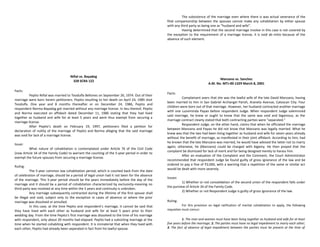 Niñal vs. Bayadog
328 SCRA 122
Facts:
Pepito Niñal was married to Teodulfa Bellones on September 26, 1974. Out of their
marriage were born herein petitioners. Pepito resulting to her death on April 24, 1985 shot
Teodulfa. One year and 8 months thereafter or on December 24, 1986, Pepito and
respondent Norma Bayadog got married without any marriage license. In lieu thereof, Pepito
and Norma executed an affidavit dated December 11, 1986 stating that they had lived
together as husband and wife for at least 5 years and were thus exempt from securing a
marriage license.
After Pepito’s death on February 19, 1997, petitioners filed a petition for
declaration of nullity of the marriage of Pepito and Norma alleging that the said marriage
was void for lack of a marriage license.
Issue:
What nature of cohabitation is contemplated under Article 76 of the Civil Code
(now Article 34 of the Family Code) to warrant the counting of the 5-year period in order to
exempt the future spouses from securing a marriage license.
Ruling:
The 5-year common law cohabitation period, which is counted back from the date
of celebration of marriage, should be a period of legal union had it not been for the absence
of the marriage. This 5-year period should be the years immediately before the day of the
marriage and it should be a period of cohabitation characterized by exclusivity-meaning no
third party was involved at any time within the 5 years and continuity is unbroken.
Any marriage subsequently contracted during the lifetime of the first spouse shall
be illegal and void, subject only to the exception in cases of absence or where the prior
marriage was dissolved or annulled.
In this case, at the time Pepito and respondent’s marriage, it cannot be said that
they have lived with each other as husband and wife for at least 5 years prior to their
wedding day. From the time Pepito’s first marriage was dissolved to the time of his marriage
with respondent, only about 20 months had elapsed. Pepito had a subsisting marriage at the
time when he started cohabiting with respondent. It is immaterial that when they lived with
each other, Pepito had already been separated in fact from his lawful spouse.
The subsistence of the marriage even where there is was actual severance of the
filial companionship between the spouses cannot make any cohabitation by either spouse
with any third party as being one as “husband and wife”.
Having determined that the second marriage involve in this case is not covered by
the exception to the requirement of a marriage license, it is void ab initio because of the
absence of such element.
Manzano vs. Sanchez
A.M. No. MTJ-00-1329 March 8, 2001
Facts:
Complainant avers that she was the lawful wife of the late David Manzano, having
been married to him in San Gabriel Archangel Parish, Araneta Avenue, Caloocan City. Four
children were born out of that marriage. However, her husband contracted another marriage
with one Luzviminda Payao before respondent Judge. When respondent Judge solemnized
said marriage, he knew or ought to know that the same was void and bigamous, as the
marriage contract clearly stated that both contracting parties were "separated."
Respondent Judge, on the other hand, claims that when he officiated the marriage
between Manzano and Payao he did not know that Manzano was legally married. What he
knew was that the two had been living together as husband and wife for seven years already
without the benefit of marriage, as manifested in their joint affidavit. According to him, had
he known that the late Manzano was married, he would have advised the latter not to marry
again; otherwise, he (Manzano) could be charged with bigamy. He then prayed that the
complaint be dismissed for lack of merit and for being designed merely to harass him.
After an evaluation of the Complaint and the Comment, the Court Administrator
recommended that respondent Judge be found guilty of gross ignorance of the law and be
ordered to pay a fine of P2,000, with a warning that a repetition of the same or similar act
would be dealt with more severely.
Issues:
1) Whether or not convalidation of the second union of the respondent falls under
the purview of Article 34 of the Family Code.
2) Whether or not Respondent Judge is guilty of gross ignorance of the law.
Ruling:
For this provision on legal ratification of marital cohabitation to apply, the following
requisites must concur:
1. The man and woman must have been living together as husband and wife for at least
five years before the marriage; 2. The parties must have no legal impediment to marry each other;
3. The fact of absence of legal impediment between the parties must be present at the time of
 