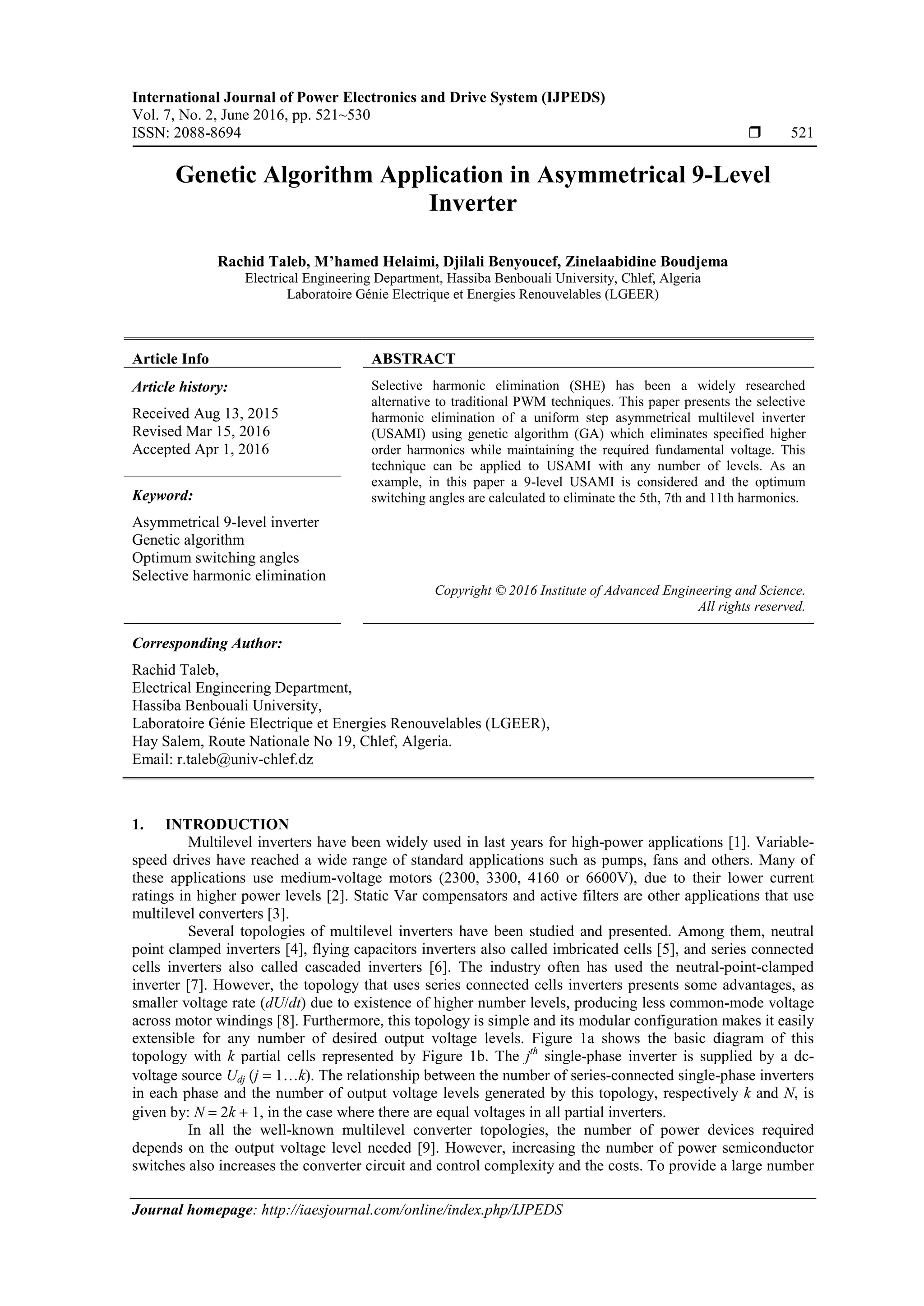 Genetic Algorithm Application in Asymmetrical 9-Level Inverter | PDF