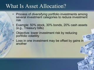 7
What Is Asset Allocation?
• Process of diversifying portfolio investments among
several investment categories to reduce investment
risk
• Example: 50% stock, 30% bonds, 20% cash assets
(e.g., Treasury bills)
• Objective: lower investment risk by reducing
portfolio volatility
• Loss in one investment may be offset by gains in
another
 