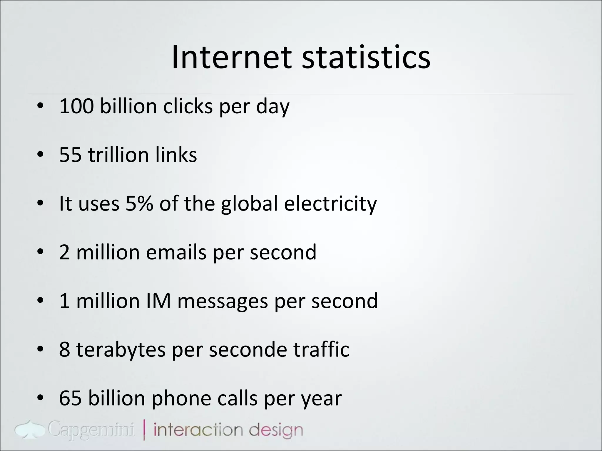 Internet statistics 100 billion clicks per day 55 trillion links It uses 5% of the global electricity 2 million emails per second 1 million IM messages per second 8 terabytes per seconde traffic 65 billion phone calls per year 