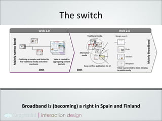 The switch Publishing is complex and limited to few traditional media and online merchants Value is created by aggregating content (portals) Easy and free publication for all Value is generated by tools allowing to publish easily Mainly narrow band Mainly Broadband 2004 2005 Traditional media Alternative media Google search Flickr Wikipedia netvibes Web 1.0 Web 2.0 Broadband is (becoming) a right in Spain and Finland 
