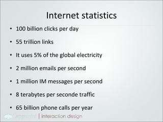 Internet statistics 100 billion clicks per day 55 trillion links It uses 5% of the global electricity 2 million emails per second 1 million IM messages per second 8 terabytes per seconde traffic 65 billion phone calls per year 