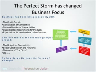 The Perfect Storm has changed Business Focus Business has been hit successively with; The Credit Crunch Globalisation of Competition Commoditisation of  key Activities Customisation requirements for Products Expectations for new levels of online Services and then there is the Technology impacts around; The Ubiquitous Connectivity Social Collaboration and Networks The arrival of ‘The Cloud’ etc ….. So how do we Harness the forces of Change? 