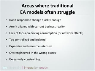 Areas where traditional EA models often struggle Don’t respond to change quickly enough Aren’t aligned with current business reality Lack of focus on driving consumption (or network  effects) Too centralized and isolated Expensive and resource-intensive Overengineered in the wrong places Excessively  constraining. 