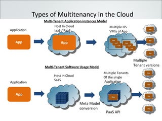 Types of Multitenancy in the Cloud App Application Host In Cloud  SaaS Multiple Tenants Of the single Application PaaS API  Multi-Tenant Software Usage Model Multiple Tenant versions Meta Model conversion App App Application Host In Cloud  IaaS / PaaS Multi-Tenant Application instances Model Multiple OS VMIs of App 