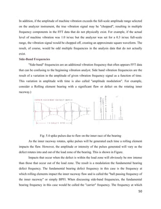 In addition, if the amplitude of machine vibration exceeds the full-scale amplitude range selected 
on the analyzer instrument, the true vibration signal may be "chopped", resulting in multiple 
frequency components in the FFT data that do not physically exist. For example, if the actual 
level of machine vibration was 1.0 in/sec but the analyzer was set for a 0.3 in/sec full-scale 
range, the vibration signal would be chopped off, creating an approximate square waveform. The 
result, of course, would be odd multiple frequencies in the analysis data that do not actually 
exist. 
Side-Band Frequencies 
"Side-band" frequencies are an additional vibration frequency that often appears FFT data 
that can be confusing to the beginning vibration analyst. Side band vibration frequencies are the 
result of a variation in the amplitude of given vibration frequency signal as a function of time. 
This variation in amplitude with time is also called "amplitude modulation". For example, 
consider a Rolling element bearing with a significant flaw or defect on the rotating inner 
raceway.) 
Fig: 5.4 spike pulses due to flaw on the inner race of the bearing 
As the inner raceway rotates, spike pulses will be generated each time a rolling element 
impacts the flaw. However, the amplitude or intensity of the pulses generated will vary as the 
defect rotates into and out of the load zone of the bearing. This is shown in Figure. 
Impacts that occur when the defect is within the load zone will obviously be mw intense 
than those that occur out of the load zone. The result is a modulation the fundamental bearing 
defect frequency. The fundamental bearing defect frequency in this case is the frequency at 
which rolling elements impact the inner raceway flaw and is called the "ball passing frequency of 
the inner raceway" or simply BPFI. When discussing side-band frequencies, the fundamental 
bearing frequency in this case would be called the "carrier" frequency. The frequency at which 
50 
 