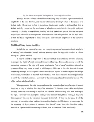 Fig 5.8: These axial phase readings show a twisting axial motion. 
Bearings that are "cocked" in the machine housing may also cause significant vibration 
amplitudes in the axial direction, and may reveal the same "twisting" action as that caused by a 
kinked shaft. However, a cocked or misaligned bearing can usually be distinguished from a 
kinked shaft by comparing the amplitudes of vibration measured at the four axial positions. 
Normally, if a bearing is cocked in the housing, it will be cocked in a specific direction and show 
a significant difference in the amplitudes measured at the four axial positions. On the other hand, 
a shaft that has a simple bend or "kink" will reveal fairly uniform amplitudes in the four axial 
positions. 
5.8.4 Identifying a Simple Shaft Bow 
A shaft that has a simple bow may not cause the supporting bearings to vibrate axially in 
a "twisting" type of motion. Instead, a simple bow may cause the supporting bearings to vibrate 
axially in a "planer" fashion 
In order to identify a simple bow as the cause of high axial vibration, it will be necessary 
to compare the "relative" axial motion of the support bearings. If the shaft is simply bowed, the 
supporting bearings of the rotor will reveal a substantial "out-of-phase" condition. Although a 
pronounced bow may reveal as much as a 180 degrees difference in the axial phase of the rotor 
supporting bearings, an out-of-phase condition of only 90 degrees or more is significant enough 
to indicate a possible bow in the shaft. Run out checks with a dial indicator should be performed 
to verify the bent shaft condition—especially if the amplitudes of axial vibration far exceed 50% 
of the highest radial amplitudes. 
When comparing the axial phase readings at the supporting bearings of a rotor, it is most 
important to keep in mind the direction of the transducer. To illustrate, when taking axial phase-readings 
on the left side bearing of the rotor, the vibration transducer may have been pointing to 
the right. However, when axial phase readings were taken on the right side bearing, it may have 
been necessary to point the vibration transducer to the left. If this was the case, it will be 
necessary to correct the phase readings for one of the bearings by 180 degrees to compensate for 
the necessary 180 degree change in transducer direction. Of course, if the direction of the pickup 
axis can be kept the same at all bearing locations, then no correction factor is necessary. 
58 
 