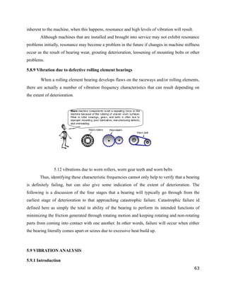 inherent to the machine, when this happens, resonance and high levels of vibration will result. 
Although machines that are installed and brought into service may not exhibit resonance 
problems initially, resonance may become a problem in the future if changes in machine stiffness 
occur as the result of bearing wear, grouting deterioration, loosening of mounting bolts or other 
problems. 
5.8.9 Vibration due to defective rolling element bearings 
When a rolling element bearing develops flaws on the raceways and/or rolling elements, 
there are actually a number of vibration frequency characteristics that can result depending on 
the extent of deterioration. 
5.12 vibrations due to worn rollers, worn gear teeth and worn belts 
Thus, identifying these characteristic frequencies cannot only help to verify that a bearing 
is definitely failing, but can also give some indication of the extent of deterioration. The 
following is a discussion of the four stages that a bearing will typically go through from the 
earliest stage of deterioration to that approaching catastrophic failure. Catastrophic failure id 
defined here as simply the total in ability of the bearing to perform its intended functions of 
minimizing the friction generated through rotating motion and keeping rotating and non-rotating 
parts from coming into contact with one another. In other words, failure will occur when either 
the bearing literally comes apart or seizes due to excessive heat build up. 
5.9 VIBRATION ANALYSIS 
5.9.1 Introduction 
63 
 