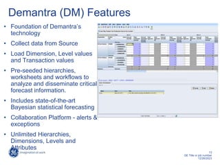 13
GE Title or job number
12/26/2023
Demantra (DM) Features
• Foundation of Demantra’s
technology
• Collect data from Source
• Load Dimension, Level values
and Transaction values
• Pre-seeded hierarchies,
worksheets and workflows to
analyze and disseminate critical
forecast information.
• Includes state-of-the-art
Bayesian statistical forecasting
• Collaboration Platform - alerts &
exceptions
• Unlimited Hierarchies,
Dimensions, Levels and
Attributes
 