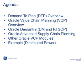 3
GE Title or job number
12/26/2023
Agenda
• Demand To Plan (DTP) Overview
• Oracle Value Chain Planning (VCP)
Overview
• Oracle Demantra (DM and RTSOP)
• Oracle Advanced Supply Chain Planning
• Other Oracle VCP Modules
• Example (Distributed Power)
 