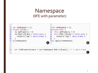 Namespace
(IIFE with parameter)
var t heCl assI nst ance = new namespace. Publ i c Cl ass( ) ; / / I am a cl ass
A B
C
var namespace = { } ;
( f unct i on( ns) {
ns. myPr oper t y = 0;
ns. Publ i cCl ass = f unct i on( ) {
consol e. l og( ' I am a cl ass ' ) ;
}
} ) ( namespace) ;
var namespace = { } ;
( f unct i on( ) {
t hi s. myPr oper t y = 0;
t hi s. Publ i cCl ass = f unct i on( ) {
consol e. l og( ' I am a cl ass ' ) ;
}
} ) . appl y( namespace) ;
1
2
3
4
5
6
7
1
2
3
4
5
6
7
1
8
 