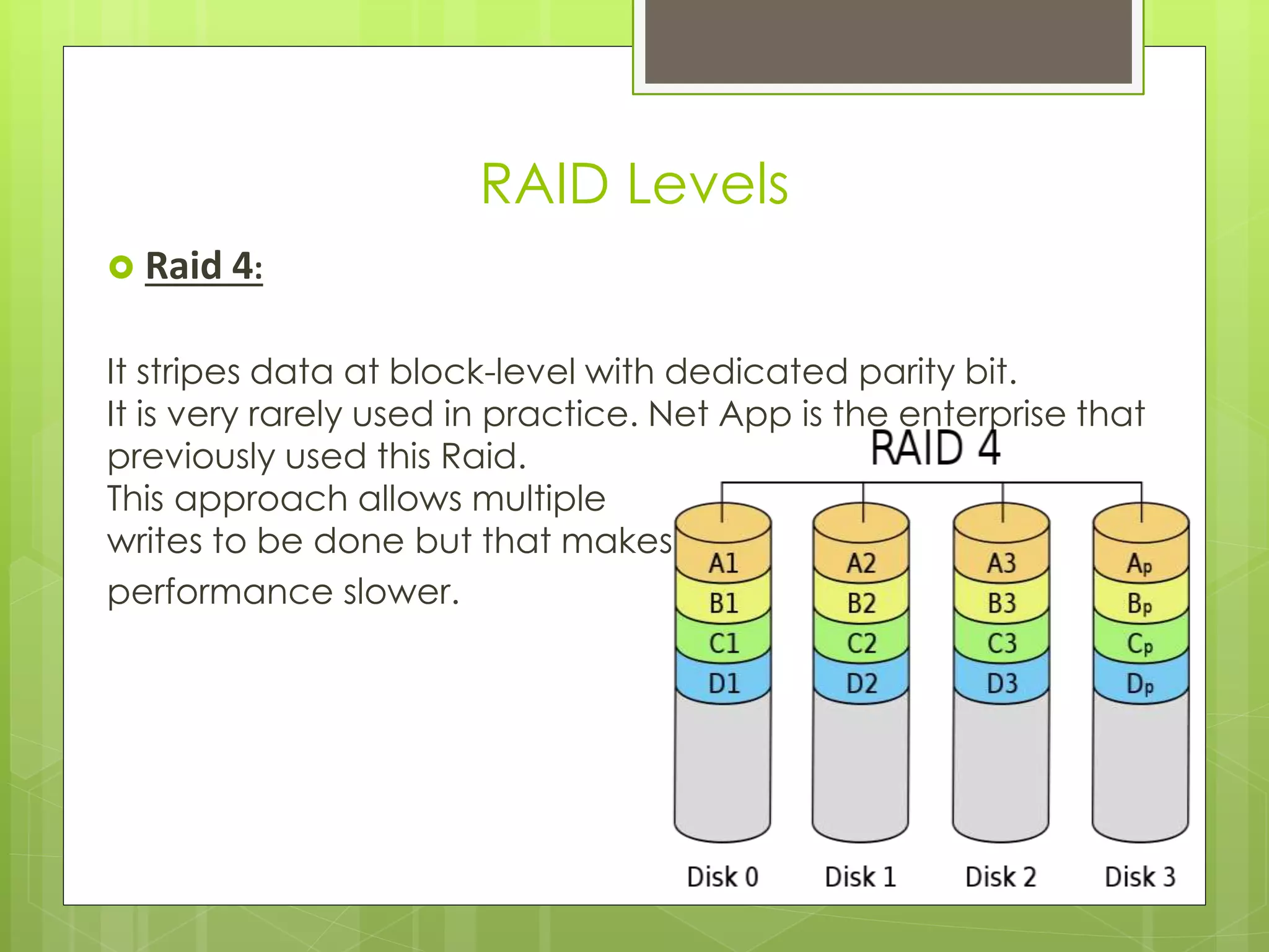  Raid 4:
It stripes data at block-level with dedicated parity bit.
It is very rarely used in practice. Net App is the enterprise that
previously used this Raid.
This approach allows multiple
writes to be done but that makes
performance slower.
RAID Levels
 