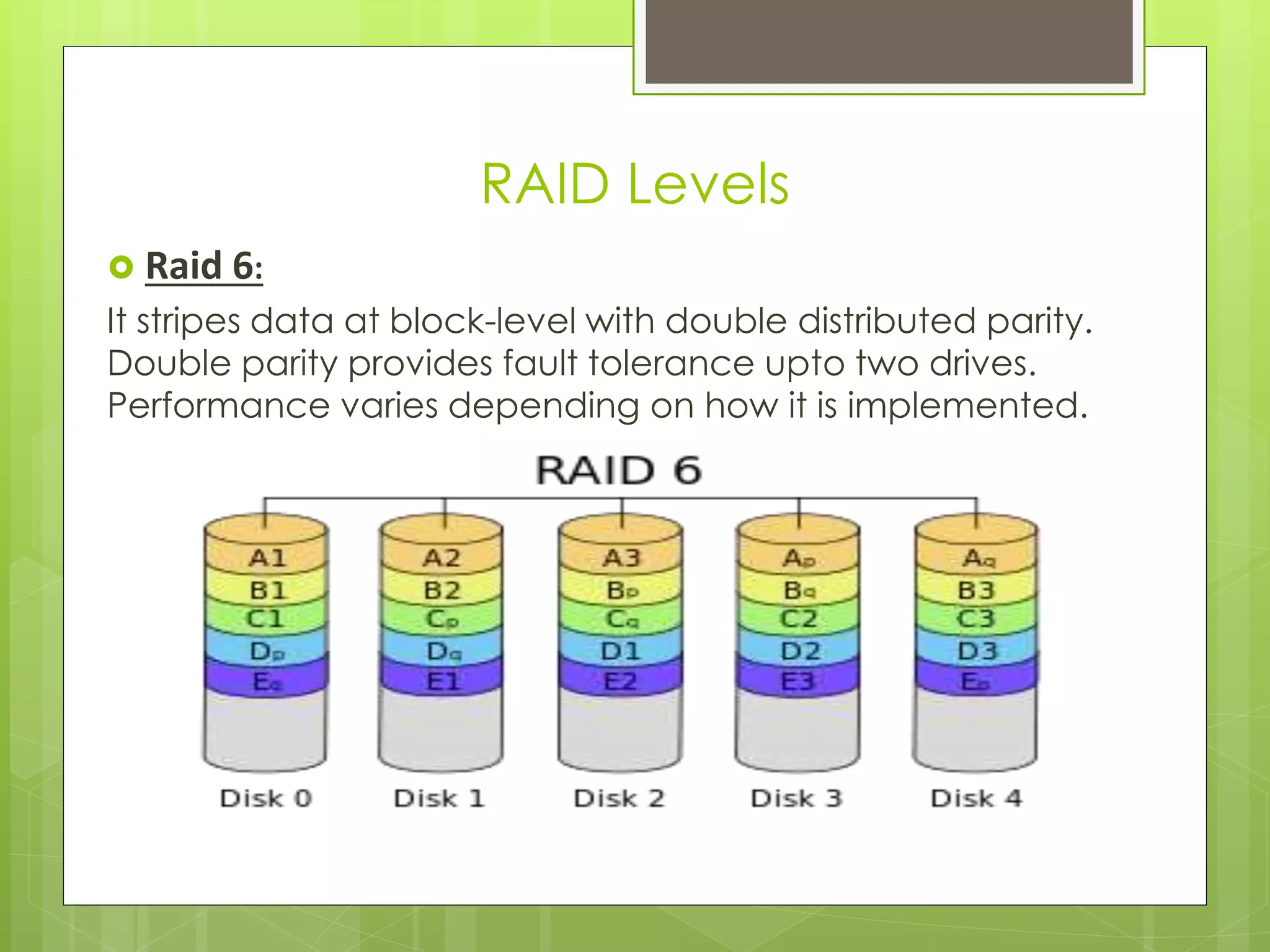  Raid 6:
It stripes data at block-level with double distributed parity.
Double parity provides fault tolerance upto two drives.
Performance varies depending on how it is implemented.
RAID Levels
 