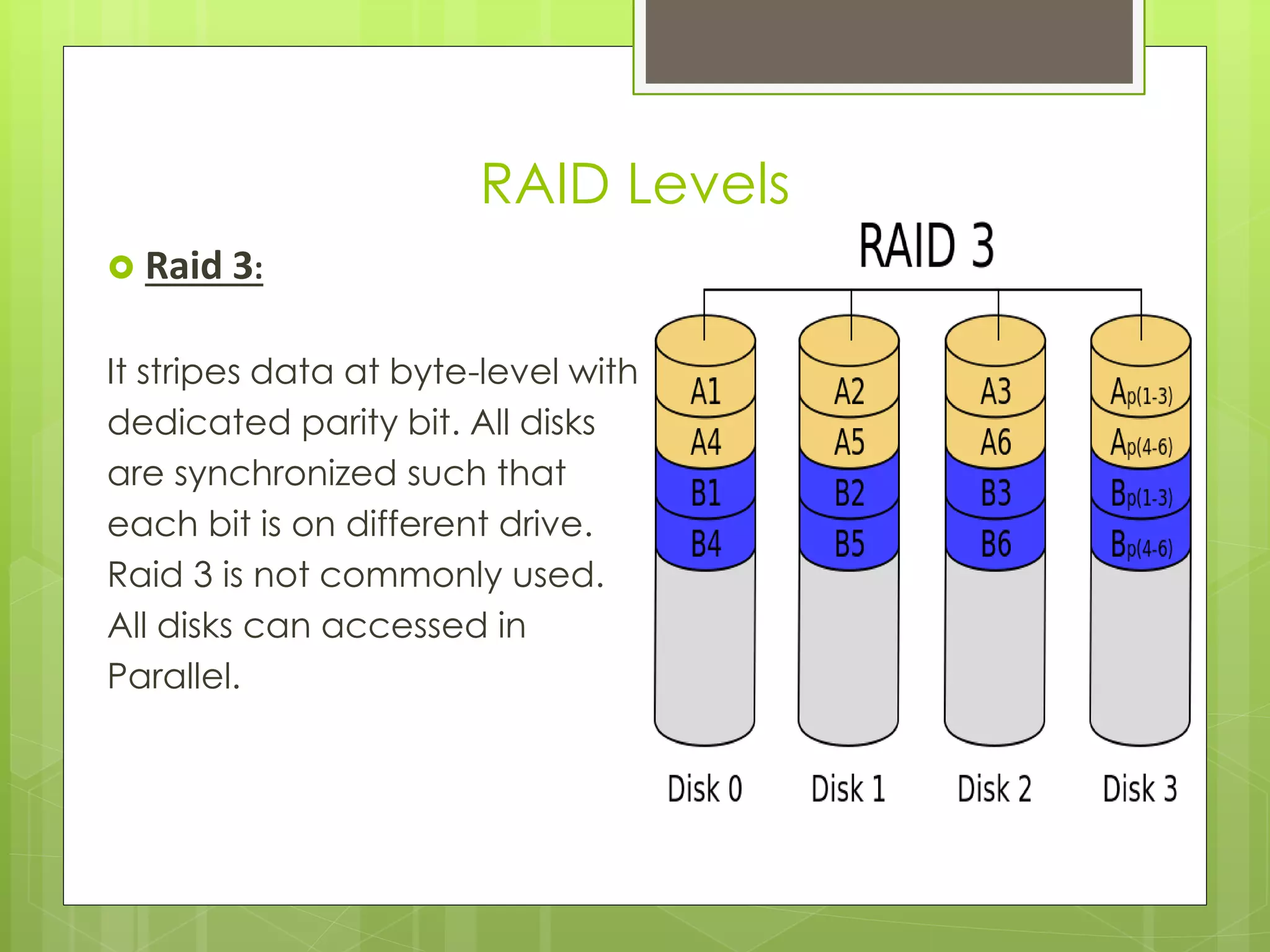  Raid 3:
It stripes data at byte-level with
dedicated parity bit. All disks
are synchronized such that
each bit is on different drive.
Raid 3 is not commonly used.
All disks can accessed in
Parallel.
RAID Levels
 