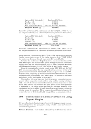System (TAC 2008 SysID) AutoSummENG Score
Top Peer (43) 0.199136
Last Peer (18) 0.102862
Peer Average (All Peers) 0.1647544 (Std. Dev. 0.0215723)
Proposed System (-) 0.130345
Table 10.4: AutoSummENG performance data for TAC 2008. NOTE: The top
and last peers are based on the AutoSummENG measure performance of the systems.
System (DUC 2006 SysID) AutoSummENG Score
Baseline (1) 0.143679
Top Peer (23) 0.204977
Last Peer (11) 0.12597
Peer Average (All Peers) 0.1841712 (Std. Dev. 0.0170088)
Proposed System (-) 0.1783284
Table 10.5: AutoSummENG performance data for DUC 2006. NOTE: The top
and last peers are based on the AutoSummENG measure performance of the systems.
similar singleton. The organizers of DUC 2006, NIST, also developed a simple
baseline system that returned all the leading sentences of the ‘TEXT’ ﬁeld of
the most recent document for each topic, up to 250 words [Dan06].
In Table 10.5 we illustrate the performance of our proposed system on the
DUC 2006 corpus. It is shown that the system strongly outperforms the baseline
system, and is less that a standard deviation (0.01700883) below the AutoSum-
mENG mean performance (0.1841712) of all the 35 participating systems.
From the comparison between the results on the DUC 2006 and the TAC
2008 task we can conclude that our proposed system performed better in the
generic summarization task of DUC 2006 than in the update task of TAC 2008.
However, this is judged only by the responsiveness-related AutoSummENG mea-
sure which makes identifying the exact defects of the TAC summaries non-trivial
and requires further investigation in future work.
Nevertheless, it is very important that the proposed summarization com-
ponents oﬀered competitive results without using machine learning techniques
with a rich set of sentence features like sentence position or existence of title
words. This indicates the usefulness of n-gram graphs as well as the generality
of application of the n-gram graph operators and functions. However, other
components need to be added to reach state-of-the-art performance, given the
existing means of evaluation. These components should aim to improve the
overall coherence of the text and tackle such problems as anaphora resolution.
10.6 Conclusions on Summary Extraction Using
N-gram Graphs
We have oﬀered a set of methodologies, based on the language-neutral represen-
tation and algorithms of n-gram graphs, aiming to tackle a number of automatic
summarization problems:
Salience detection , where we have indicated ways to determine the content
122
 