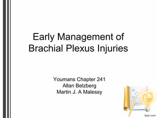 Early Management of
Brachial Plexus Injuries
Youmans Chapter 241
Allan Belzberg
Martin J. A Malessy
 