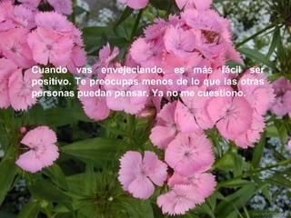 Cuando vas envejeciendo, es más fácil ser positivo. Te preocupas menos de lo que las otras personas puedan pensar. Ya no me cuestiono.   