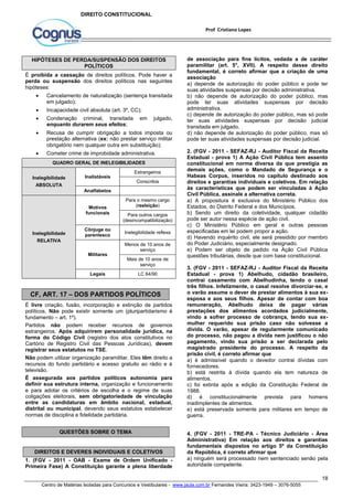 de associação para fins lícitos, vedada a de caráter 
paramilitar (art. 5°, XVII). A respeito desse direito 
fundamental, é correto afirmar que a criação de uma 
associação 
a) depende de autorização do poder público e pode ter 
suas atividades suspensas por decisão administrativa. 
b) não depende de autorização do poder público, mas 
pode ter suas atividades suspensas por decisão 
administrativa. 
c) depende de autorização do poder público, mas só pode 
ter suas atividades suspensas por decisão judicial 
transitada em julgado. 
d) não depende de autorização do poder público, mas só 
pode ter suas atividades suspensas por decisão judicial. 
2. (FGV - 2011 - SEFAZ-RJ - Auditor Fiscal da Receita 
Estadual - prova 1) A Ação Civil Pública tem assento 
constitucional em norma diversa da que prestigia as 
demais ações, como o Mandado de Segurança e o 
Habeas Corpus, inseridos no capítulo destinado aos 
direitos e garantias individuais e coletivos. Em relação 
às características que podem ser vinculadas à Ação 
Civil Pública, assinale a alternativa correta. 
a) A propositura é exclusiva do Ministério Público dos 
Estados, do Distrito Federal e dos Municípios. 
b) Sendo um direito da coletividade, qualquer cidadão 
pode ser autor nessa espécie de ação civil. 
c) O Ministério Público em geral e outras pessoas 
especificadas em lei podem propor a ação. 
d) Havendo inquérito civil, ele será presidido por membro 
do Poder Judiciário, especialmente designado. 
e) Podem ser objeto de pedido na Ação Civil Pública 
questões tributárias, desde que com base constitucional. 
3. (FGV - 2011 - SEFAZ-RJ - Auditor Fiscal da Receita 
Estadual - prova 1) Abelhudo, cidadão brasileiro, 
contrai casamento com Abelhudinha, tendo o casal 
três filhos. Infelizmente, o casal resolve divorciar-se, e 
o varão assume o dever de prestar alimentos à sua ex-esposa 
e aos seus filhos. Apesar de contar com boa 
remuneração, Abelhudo deixa de pagar várias 
prestações dos alimentos acordados judicialmente, 
vindo a sofrer processo de cobrança, tendo sua ex-mulher 
requerido sua prisão caso não solvesse a 
dívida. O varão, apesar de regularmente comunicado 
do processo, não pagou a dívida nem justificou o não 
pagamento, vindo sua prisão a ser declarada pelo 
magistrado presidente do processo. A respeito da 
prisão civil, é correto afirmar que 
a) é admissível quando o devedor contrai dívidas com 
fornecedores. 
b) está restrita à dívida quando ela tem natureza de 
alimentos. 
c) foi extinta após a edição da Constituição Federal de 
1988. 
d) é constitucionalmente prevista para homens 
inadimplentes de alimentos. 
e) está preservada somente para militares em tempo de 
guerra. 
4. (FGV - 2011 - TRE-PA - Técnico Judiciário - Área 
Administrativa) Em relação aos direitos e garantias 
fundamentais dispostos no artigo 5º da Constituição 
da República, é correto afirmar que 
a) ninguém será processado nem sentenciado senão pela 
autoridade competente. 
18 
Prof Cristiano Lopes 
DIREITO CONSTITUCIONAL 
HIPÓTESES DE PERDA/SUSPENSÃO DOS DIREITOS 
POLÍTICOS 
É proibida a cassação de direitos políticos. Pode haver a 
perda ou suspensão dos direitos políticos nas seguintes 
hipóteses: 
 Cancelamento de naturalização (sentença transitada 
em julgado); 
 Incapacidade civil absoluta (art. 3º, CC); 
 Condenação criminal, transitada em julgado, 
enquanto durarem seus efeitos; 
 Recusa de cumprir obrigação a todos imposta ou 
prestação alternativa (ex: não prestar serviço militar 
obrigatório nem qualquer outra em substituição); 
 Cometer crime de improbidade administrativa. 
QUADRO GERAL DE INELEGIBILIDADES 
Inelegibilidade 
ABSOLUTA 
Inalistáveis 
Estrangeiros 
Conscritos 
Analfabetos 
Inelegibilidade 
RELATIVA 
Motivos 
funcionais 
Para o mesmo cargo 
(reeleição) 
Para outros cargos 
(desincompatibilização) 
Cônjuge ou 
parentesco 
Inelegibilidade reflexa 
Militares 
Menos de 10 anos de 
serviço 
Mais de 10 anos de 
serviço 
Legais LC 64/90 
CF, ART. 17 – DOS PARTIDOS POLÍTICOS 
É livre criação, fusão, incorporação e extinção de partidos 
políticos. Não pode existir somente um (pluripartidarismo é 
fundamento – art. 1º). 
Partidos não podem receber recursos de governos 
estrangeiros. Após adquirirem personalidade jurídica, na 
forma do Código Civil (registro dos atos constitutivos no 
Cartório de Registro Civil das Pessoas Jurídicas), devem 
registrar seus estatutos no TSE. 
Não podem utilizar organização paramilitar. Eles têm direito a 
recursos do fundo partidário e acesso gratuito ao rádio e à 
televisão. 
É assegurada aos partidos políticos autonomia para 
definir sua estrutura interna, organização e funcionamento 
e para adotar os critérios de escolha e o regime de suas 
coligações eleitorais, sem obrigatoriedade de vinculação 
entre as candidaturas em âmbito nacional, estadual, 
distrital ou municipal, devendo seus estatutos estabelecer 
normas de disciplina e fidelidade partidária. 
QUESTÕES SOBRE O TEMA 
DIREITOS E DEVERES INDIVIDUAIS E COLETIVOS 
1. (FGV - 2011 - OAB - Exame de Ordem Unificado - 
Primeira Fase) A Constituição garante a plena liberdade 
Centro de Matérias Isoladas para Concursos e Vestibulares - www.jaula.com.br Fernandes Vieira: 3423-1949 – 3076-5055 
 