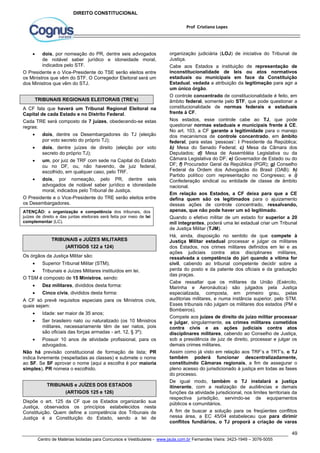 organização judiciária (LOJ) de iniciativa do Tribunal de 
Justiça. 
Cabe aos Estados a instituição de representação de 
inconstitucionalidade de leis ou atos normativos 
estaduais ou municipais em face da Constituição 
Estadual, vedada a atribuição da legitimação para agir a 
um único órgão. 
O controle concentrado de constitucionalidade é feito, em 
âmbito federal, somente pelo STF, que pode questionar a 
constitucionalidade de normas federais e estaduais 
frente à CF. 
Nos estados, esse controle cabe ao TJ, que pode 
questionar normas estaduais e municipais frente à CE. 
No art. 103, a CF garante a legitimidade para o manejo 
dos mecanismos de controle concentrado, em âmbito 
federal, para estas ‘pessoas’: i Presidente da República; 
b) Mesa do Senado Federal; c) Mesa da Câmara dos 
Deputados; d) Mesa de Assembléia Legislativa ou da 
Câmara Legislativa do DF; e) Governador de Estado ou do 
DF; f) Procurador Geral da República (PGR); g) Conselho 
Federal da Ordem dos Advogados do Brasil (OAB); h) 
Partido político com representação no Congresso; e i) 
Confederação sindical ou entidade de classe de âmbito 
nacional. 
Em relação aos Estados, a CF deixa para que a CE 
defina quem são os legitimados para o ajuizamento 
dessas ações de controle concentrado, ressalvando, 
apenas, que não pode haver um só legitimado. 
Quando o efetivo militar de um estado for superior a 20 
mil integrantes, poderá uma lei estadual criar um Tribunal 
de Justiça Militar (TJM). 
Há, ainda, disposição no sentido de que compete à 
Justiça Militar estadual processar e julgar os militares 
dos Estados, nos crimes militares definidos em lei e as 
ações judiciais contra atos disciplinares militares, 
ressalvada a competência do júri quando a vítima for 
civil, cabendo ao tribunal competente decidir sobre a 
perda do posto e da patente dos oficiais e da graduação 
das praças. 
Cabe ressaltar que os militares da União (Exército, 
Marinha e Aeronáutica) são julgados pela Justiça 
especializada, composta, em primeiro grau, pelas 
auditorias militares, e numa instância superior, pelo STM. 
Esses tribunais não julgam os militares dos estados (PM e 
Bombeiros). 
Compete aos juízes de direito do juízo militar processar 
e julgar, singularmente, os crimes militares cometidos 
contra civis e as ações judiciais contra atos 
disciplinares militares, cabendo ao Conselho de Justiça, 
sob a presidência de juiz de direito, processar e julgar os 
demais crimes militares. 
Assim como já visto em relação aos TRF’s e TRT’s, o TJ 
também poderá funcionar descentralizadamente, 
constituindo Câmaras regionais, a fim de assegurar o 
pleno acesso do jurisdicionado à justiça em todas as fases 
do processo. 
De igual modo, também o TJ instalará a justiça 
itinerante, com a realização de audiências e demais 
funções da atividade jurisdicional, nos limites territoriais da 
respectiva jurisdição, servindo-se de equipamentos 
públicos e comunitários. 
A fim de buscar a solução para os freqüentes conflitos 
nessa área, a EC 45/04 estabeleceu que para dirimir 
conflitos fundiários, o TJ proporá a criação de varas 
49 
Prof Cristiano Lopes 
DIREITO CONSTITUCIONAL 
 dois, por nomeação do PR, dentre seis advogados 
de notável saber jurídico e idoneidade moral, 
indicados pelo STF. 
O Presidente e o Vice-Presidente do TSE serão eleitos entre 
os Ministros que vêm do STF. O Corregedor Eleitoral será um 
dos Ministros que vêm do STJ. 
TRIBUNAIS REGIONAIS ELEITORAIS (TRE’s) 
A CF fala que haverá um Tribunal Regional Eleitoral na 
Capital de cada Estado e no Distrito Federal. 
Cada TRE será composto de 7 juízes, obedecendo-se estas 
regras: 
 dois, dentre os Desembargadores do TJ (eleição 
por voto secreto do próprio TJ); 
 dois, dentre juízes de direito (eleição por voto 
secreto do próprio TJ); 
 um, por juiz de TRF com sede na Capital do Estado 
ou no DF, ou, não havendo, de juiz federal, 
escolhido, em qualquer caso, pelo TRF. 
 dois, por nomeação, pelo PR, dentre seis 
advogados de notável saber jurídico e idoneidade 
moral, indicados pelo Tribunal de Justiça. 
O Presidente e o Vice-Presidente do TRE serão eleitos entre 
os Desembargadores. 
ATENÇÃO: a organização e competência dos tribunais, dos 
juízes de direito e das juntas eleitorais será feita por meio de lei 
complementar (LC). 
TRIBUNAIS e JUÍZES MILITARES 
(ARTIGOS 122 a 124) 
Os órgãos da Justiça Militar são: 
 Superior Tribunal Militar (STM); 
 Tribunais e Juízes Militares instituídos em lei. 
O TSM é composto de 15 Ministros, sendo: 
 Dez militares, divididos desta forma: 
 Cinco civis, divididos desta forma: 
A CF só prevê requisitos especiais para os Ministros civis, 
quais sejam: 
 Idade: ser maior de 35 anos; 
 Ser brasileiro nato ou naturalizado (os 10 Ministros 
militares, necessariamente têm de ser natos, pois 
são oficiais das forças armadas - art. 12, § 3º); 
 Possuir 10 anos de atividade profissional, para os 
advogados. 
Não há previsão constitucional de formação de lista; PR 
indica livremente (respeitadas as classes) e submete o nome 
ao SF. Se SF aprovar o nome (aqui a escolha é por maioria 
simples), PR nomeia o escolhido. 
TRIBUNAIS e JUÍZES DOS ESTADOS 
(ARTIGOS 125 e 126) 
Dispõe o art. 125 da CF que os Estados organizarão sua 
Justiça, observados os princípios estabelecidos nesta 
Constituição. Quem define a competência dos Tribunais de 
Justiça é a Constituição do Estado, sendo a lei de 
Centro de Matérias Isoladas para Concursos e Vestibulares - www.jaula.com.br Fernandes Vieira: 3423-1949 – 3076-5055 
 