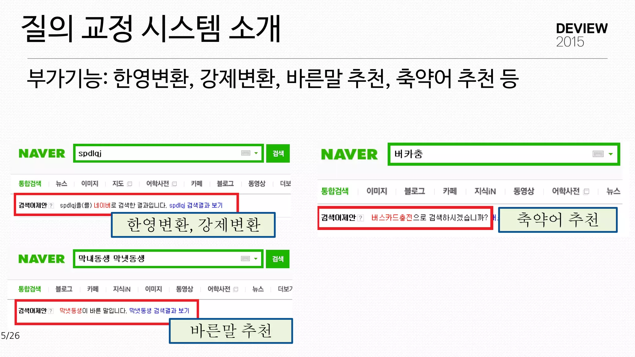 부가기능: 한영변환, 강제변환, 바른말 추천, 축약어 추천 등
질의 교정 시스템 소개
한영변환, 강제변환
바른말 추천
축약어 추천
5/26
 