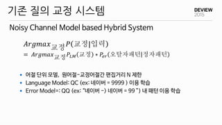  어절 단위 모델, 원어절-교정어절간 편집거리 N 제한
 Language Model: QC (ex: 네이버 = 9999 ) 이용 학습
 Error Model=: QQ (ex: “녜이버 -> 네이버 = 99 ”) 내 패턴 이용 학습
Noisy Channel Model based Hybrid System
기존 질의 교정 시스템
𝐴𝑟𝑔𝑚𝑎𝑥교정 𝑃 교정|입력
= 𝐴𝑟𝑔𝑚𝑎𝑥교정 𝑃𝐿𝑀 교정 ∗ 𝑃𝑒𝑟 오탈자패턴 정자패턴
 