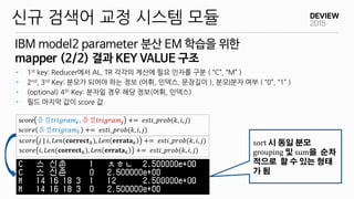 IBM model2 parameter 분산 EM 학습을 위한
mapper (2/2) 결과 KEY VALUE 구조
신규 검색어 교정 시스템 모듈
score 음절𝑡𝑟𝑖𝑔𝑟𝑎𝑚𝒊 , 음절𝑡𝑟𝑖𝑔𝑟𝑎𝑚𝒋 += 𝑒𝑠𝑡𝑖_𝑝𝑟𝑜𝑏(𝑘, 𝑖, 𝑗)
s𝑐𝑜𝑟𝑒 음절𝑡𝑟𝑖𝑔𝑟𝑎𝑚𝒊 += 𝑒𝑠𝑡𝑖_𝑝𝑟𝑜𝑏(𝑘, 𝑖, 𝑗)
s𝑐𝑜𝑟𝑒 𝑗 | 𝑖, 𝐿𝑒𝑛(𝐜𝐨𝐫𝐫𝐞𝐜𝐭 𝑘), 𝐿𝑒𝑛 𝐞𝐫𝐫𝐚𝐭𝐚 𝑘 += 𝑒𝑠𝑡𝑖_𝑝𝑟𝑜𝑏(𝑘, 𝑖, 𝑗)
s𝑐𝑜𝑟𝑒 𝑖, 𝐿𝑒𝑛(𝐜𝐨𝐫𝐫𝐞𝐜𝐭 𝑘), 𝐿𝑒𝑛 𝐞𝐫𝐫𝐚𝐭𝐚 𝑘 += 𝑒𝑠𝑡𝑖_𝑝𝑟𝑜𝑏(𝑘, 𝑖, 𝑗)
• 1st key: Reducer에서 AL, TR 각각의 계산에 필요 인자를 구분 ( “C”, “M” )
• 2nd, 3rd Key: 분모가 되어야 하는 정보 (어휘, 인덱스, 문장길이 ), 분모|분자 여부 ( “0”, “1” )
• (optional) 4th Key: 분자일 경우 해당 정보(어휘, 인덱스)
• 필드 마지막 값이 score 값
sort 시 동일 분모
grouping 및 sum을 순차
적으로 할 수 있는 형태
가 됨
 