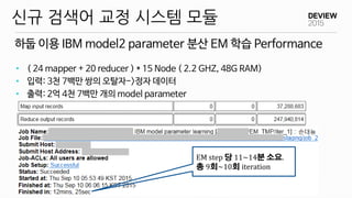 하둡 이용 IBM model2 parameter 분산 EM 학습 Performance
신규 검색어 교정 시스템 모듈
• ( 24 mapper + 20 reducer ) * 15 Node ( 2.2 GHZ, 48G RAM)
• 입력: 3천 7백만 쌍의 오탈자->정자 데이터
• 출력: 2억 4천 7백만 개의 model parameter
EM step 당 11~14분 소요.
총 9회~10회 iteration
 